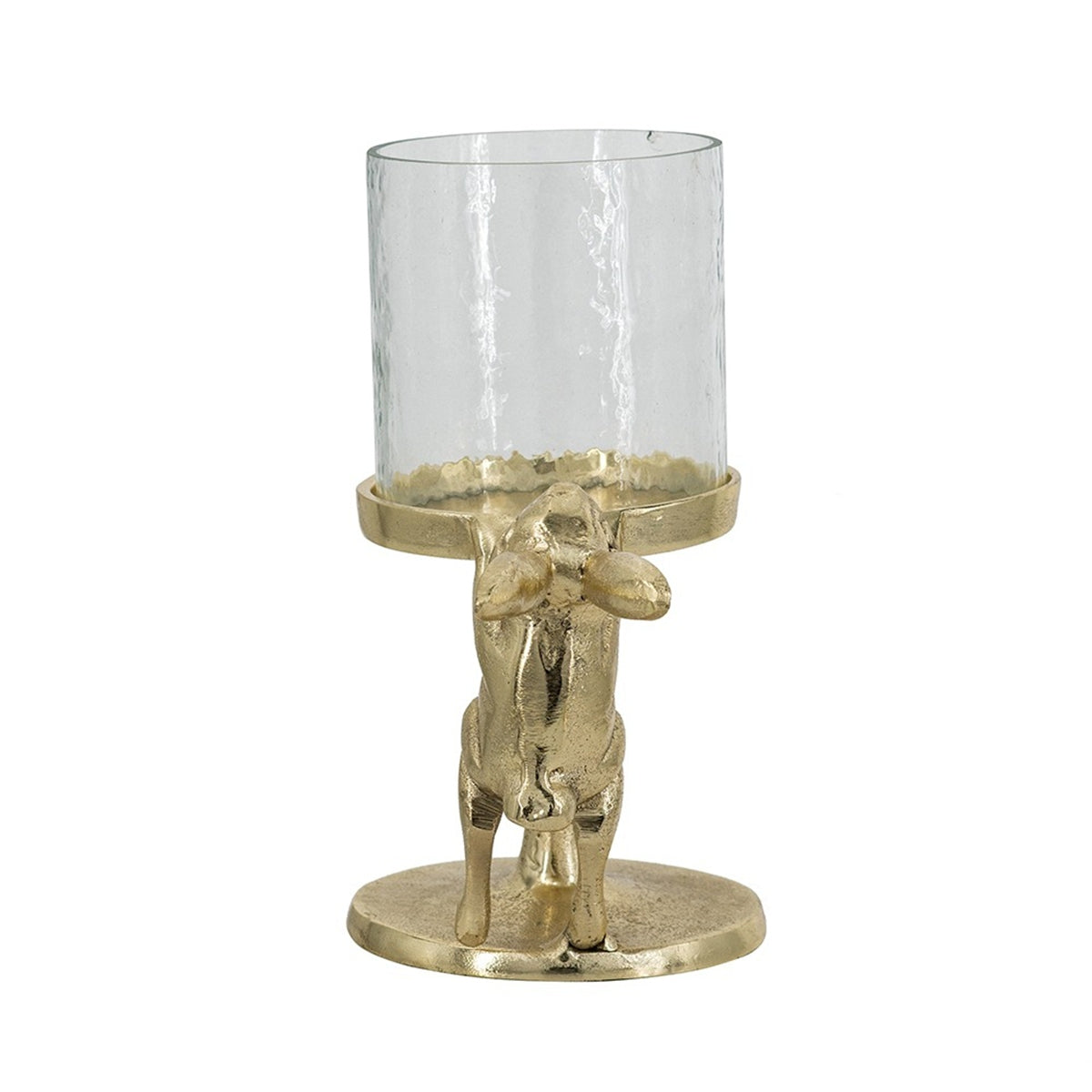 Set of 2 Gold Rabbit Pillar Candle Holders with Clear Glass Hurricane Shade