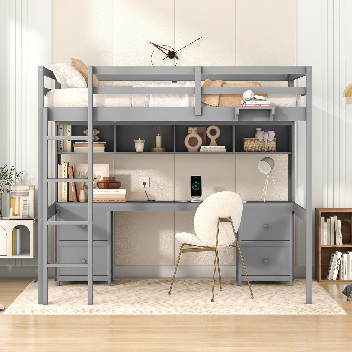 Loft Bed With Desk, Cabinets, Drawers, Charging Station And Bedside Tray