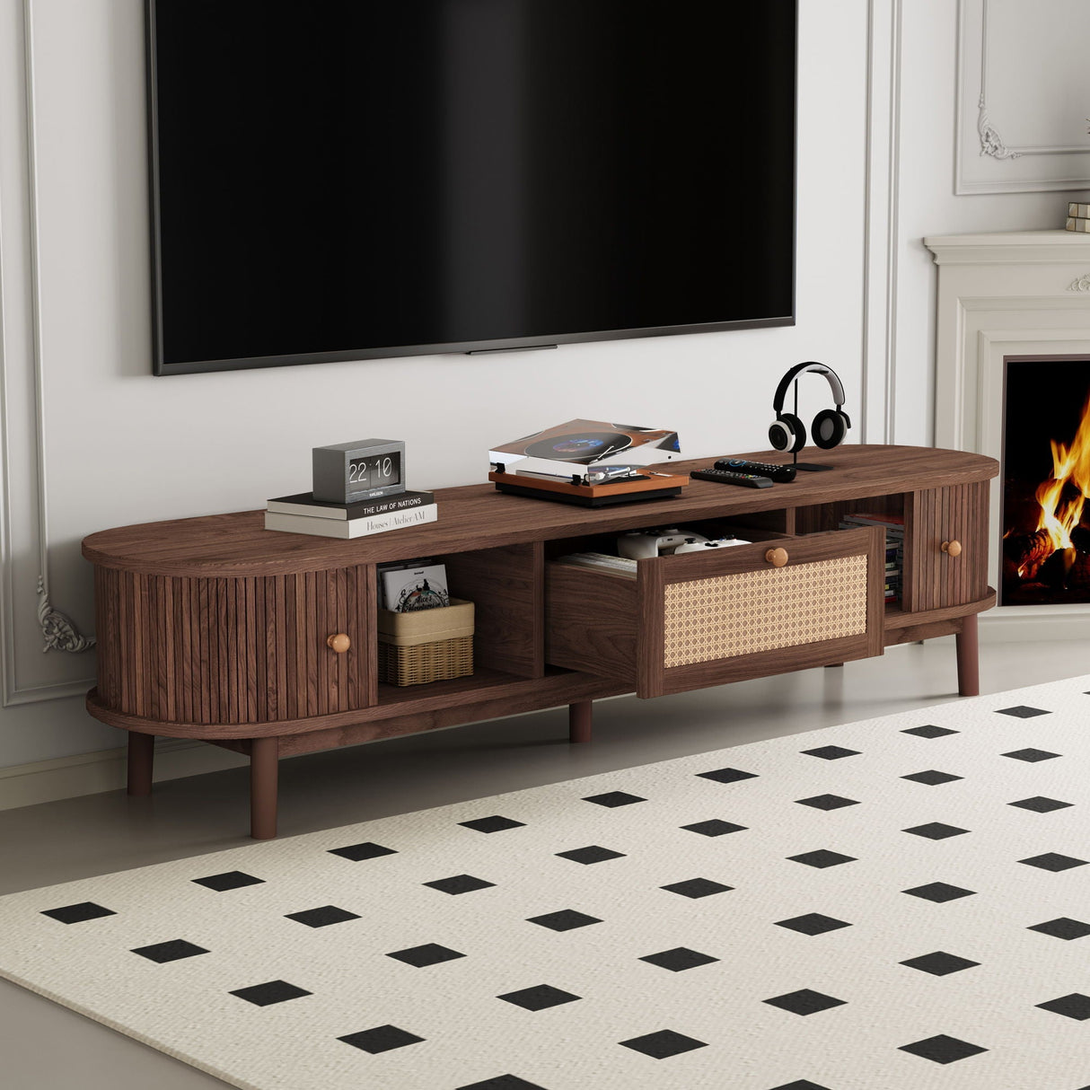 TV Stand for 75" TVs with Drawer and Sliding Cabinets - Dark Brown