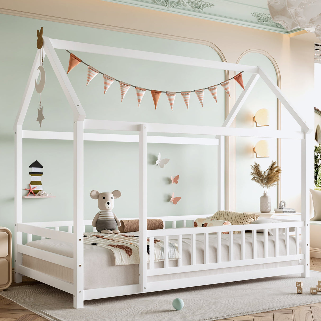 Twin Size Floor Wooden Bed with House Roof Frame