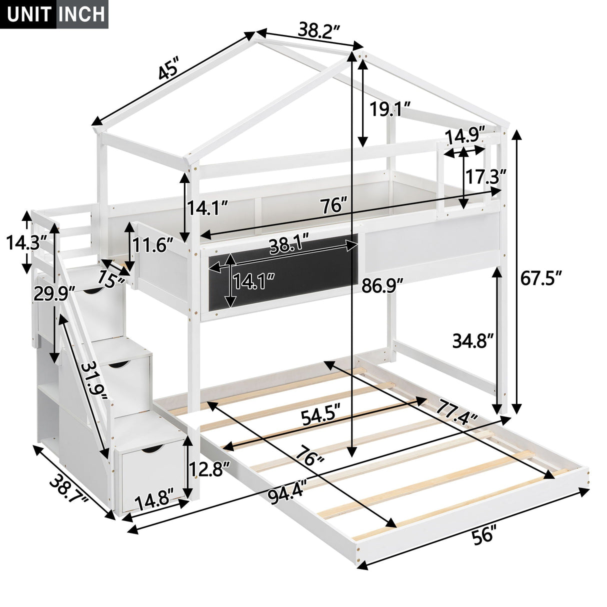 House Style Bunk Bed With Storage Staircase And board