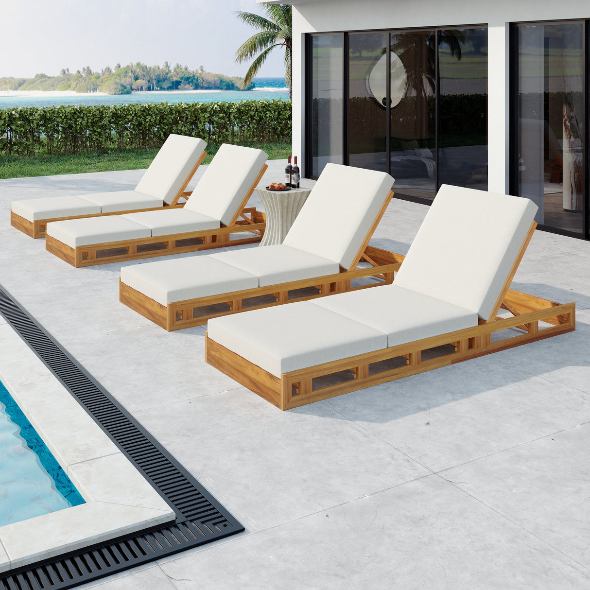 Lounge Chaise Set, Acacia Solid Wood with Lounge Cushion (Cream & Triple Fold) - Matching Dark