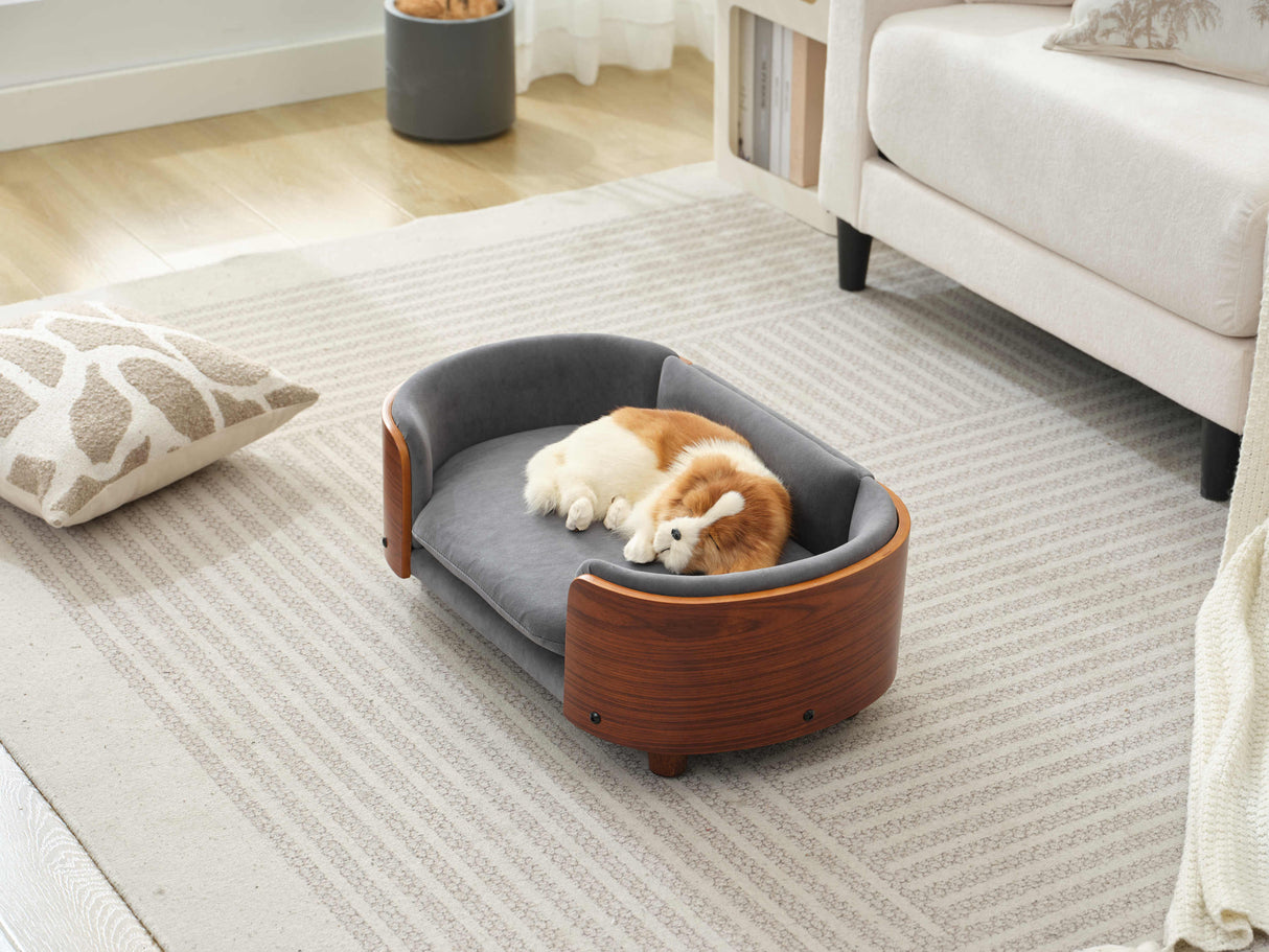 Scandinavian Style Elevated Dog Bed with Solid Walnut Wood Legs