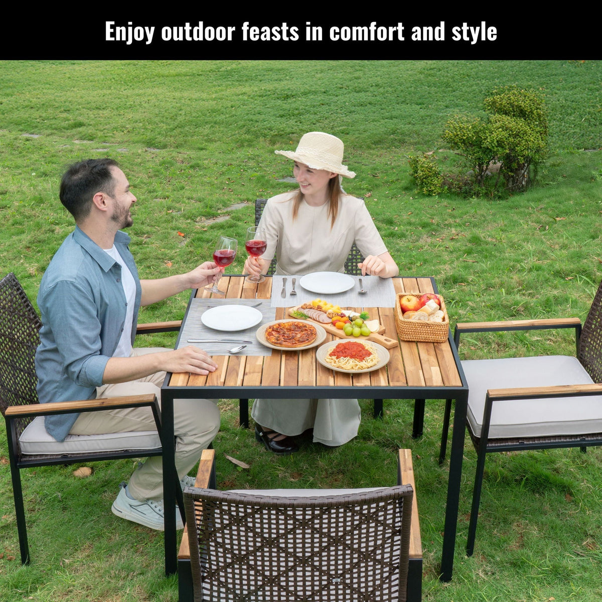 5 Piece Patio Dining Table Set, Acacia Wood Table Top With Umbrella Hole