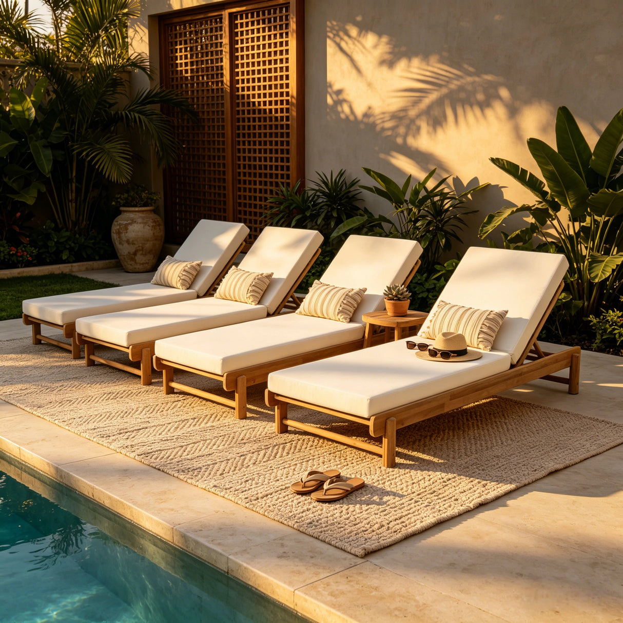 Light Teak Acacia Wood Chaise Lounge Set: 1 Frame + 1 Cushion