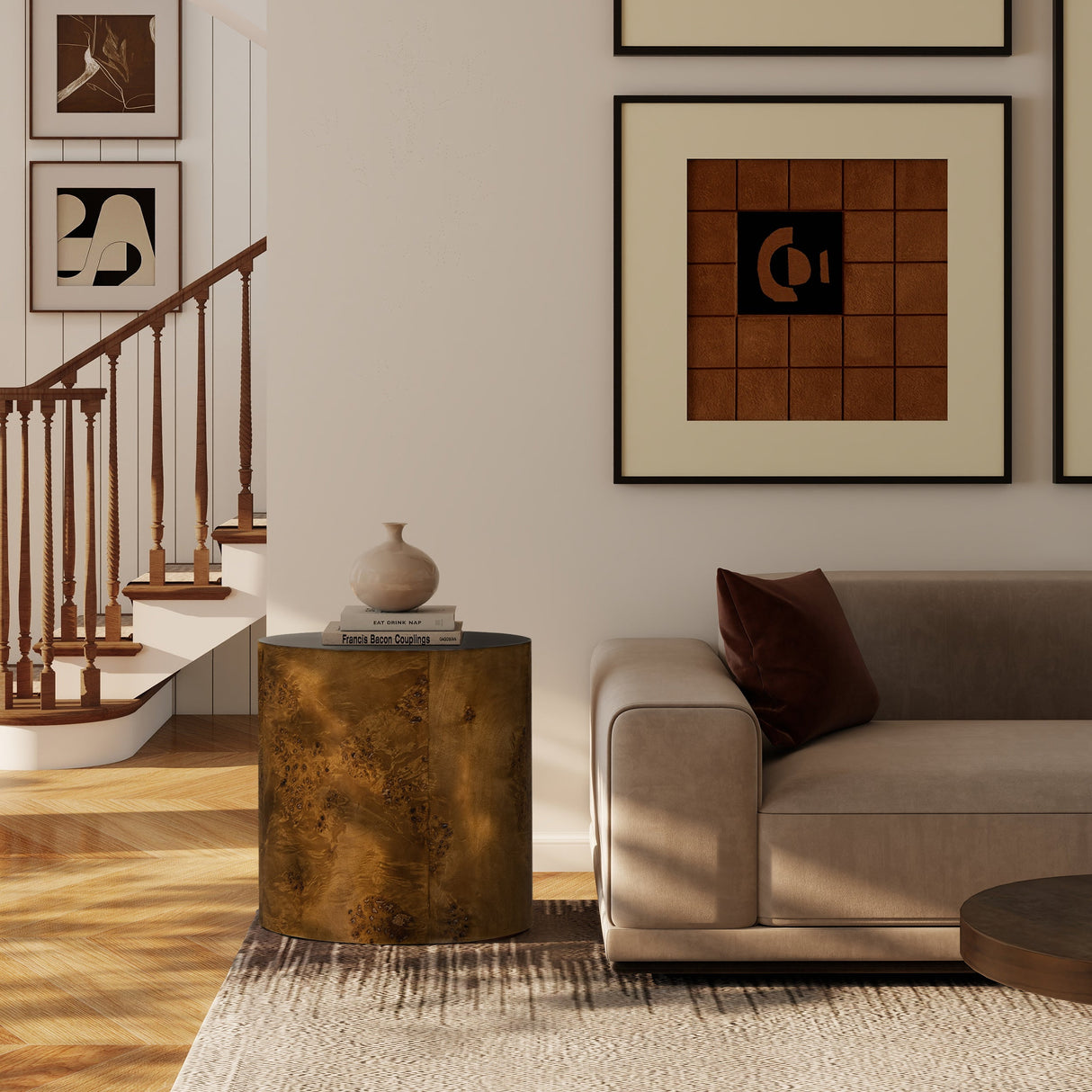 Nebula 20' Accent Oval Pillar Side Table, Medium Brown Walnut Burl Wood