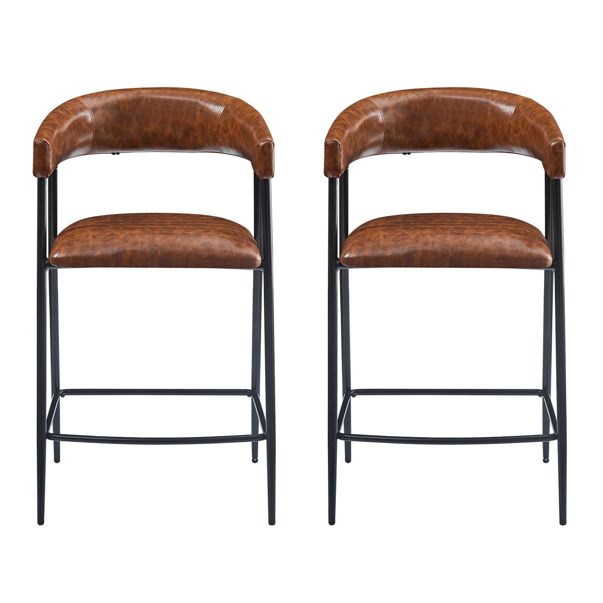 Counter Stools (Set of 2), Upholstered with Iron Frame in Brown
