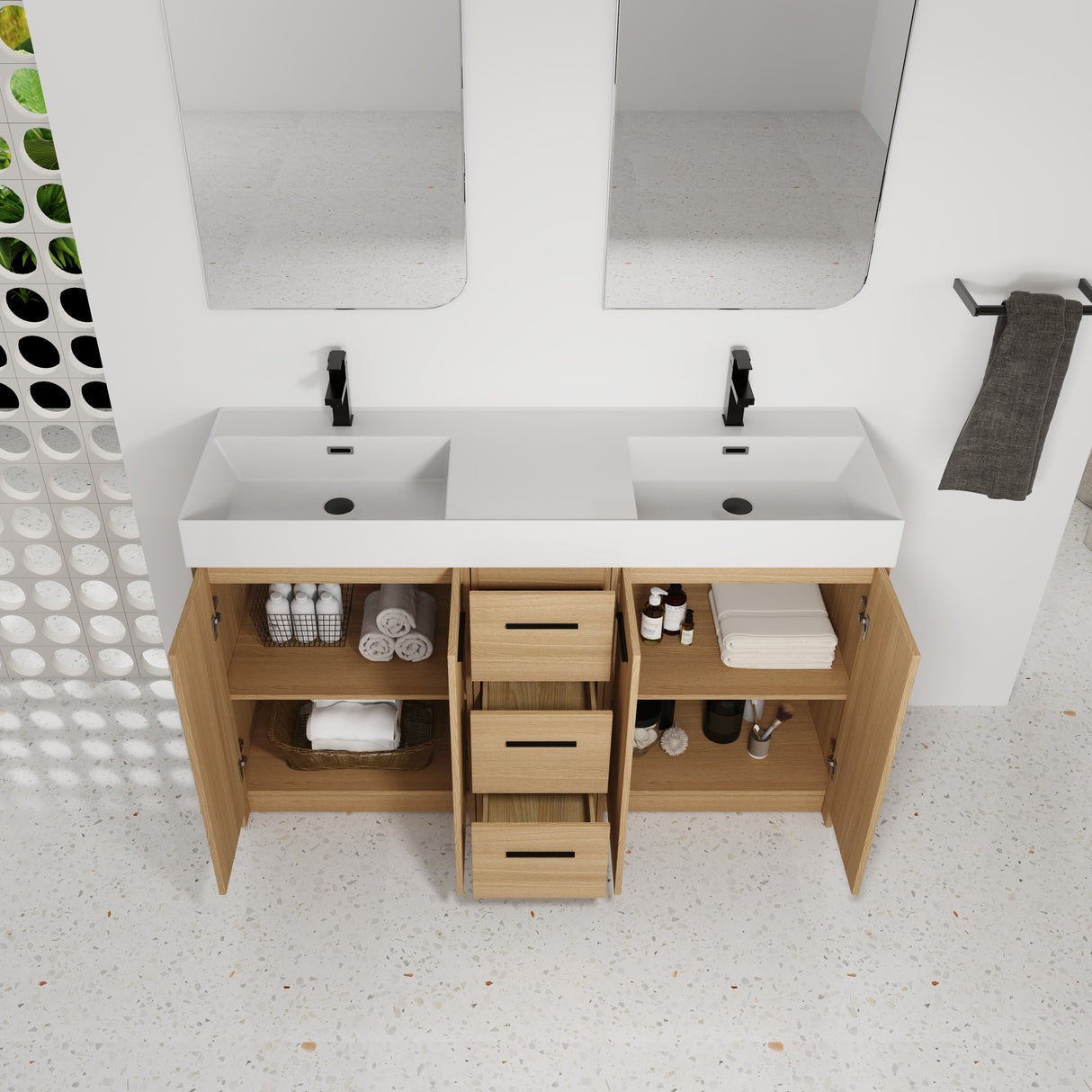 60" Double Sink Bathroom Vanity with 3 Drawers and Large Storage