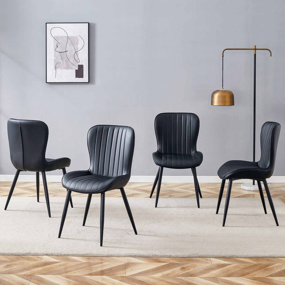Minimalist Ergonomic Dining Chair (Set of 4) With Curved Cushions And Metal Frame - Black