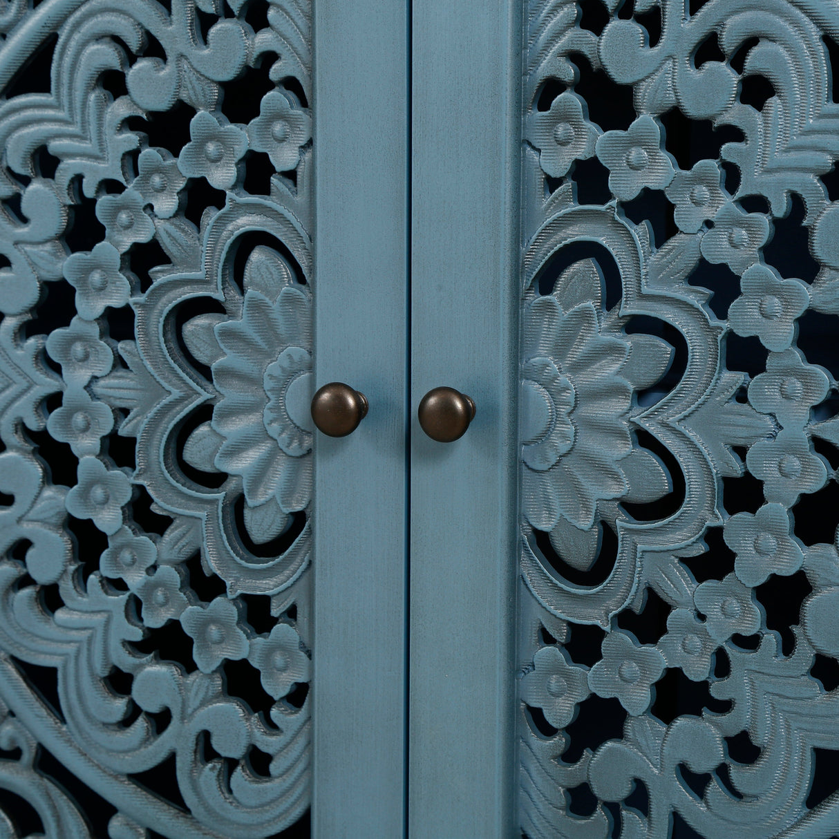 60" Antique Buffet Cabinet with Floral Carvings and Adjustable Shelves