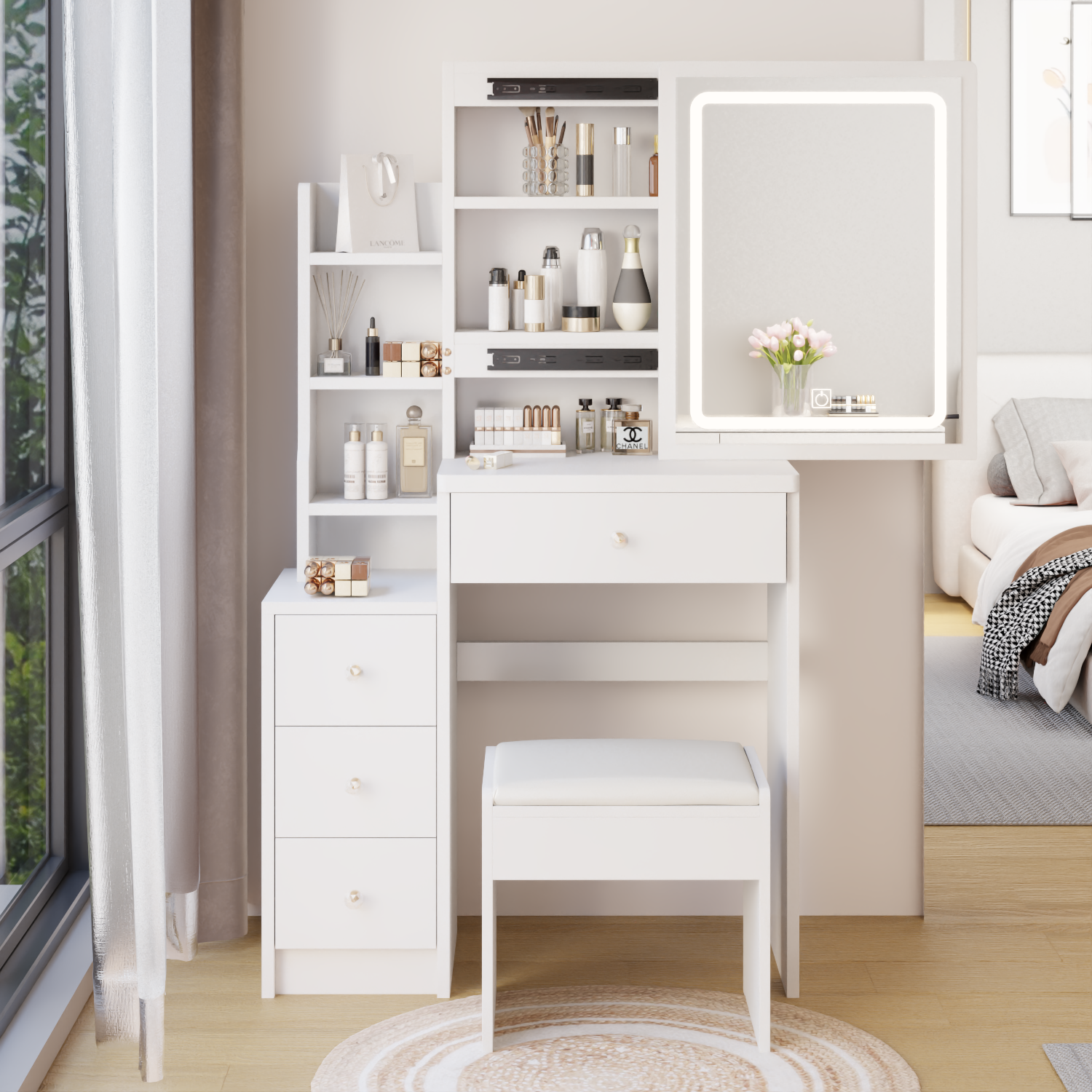 White-Bedside-Cabinet-Vanity-Table-+-Cushioned-Stool,-Extra-Large-Sliding-LED-Mirror,-Touch-Control-VANITY