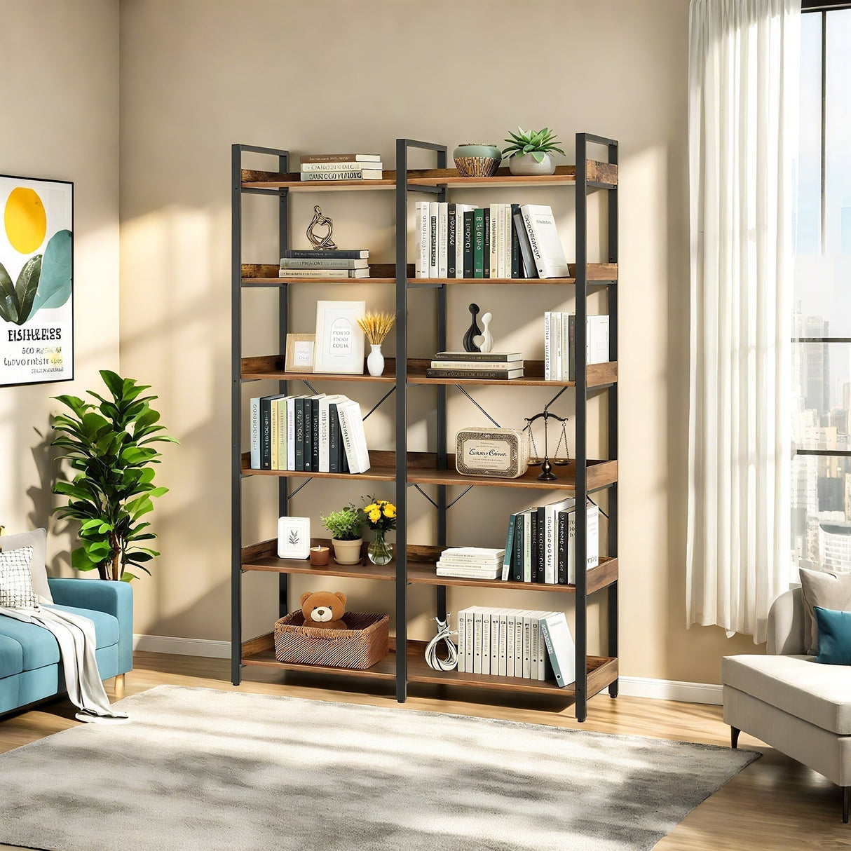 6-Tier Industrial Bookshelf With 12 Open Shelves