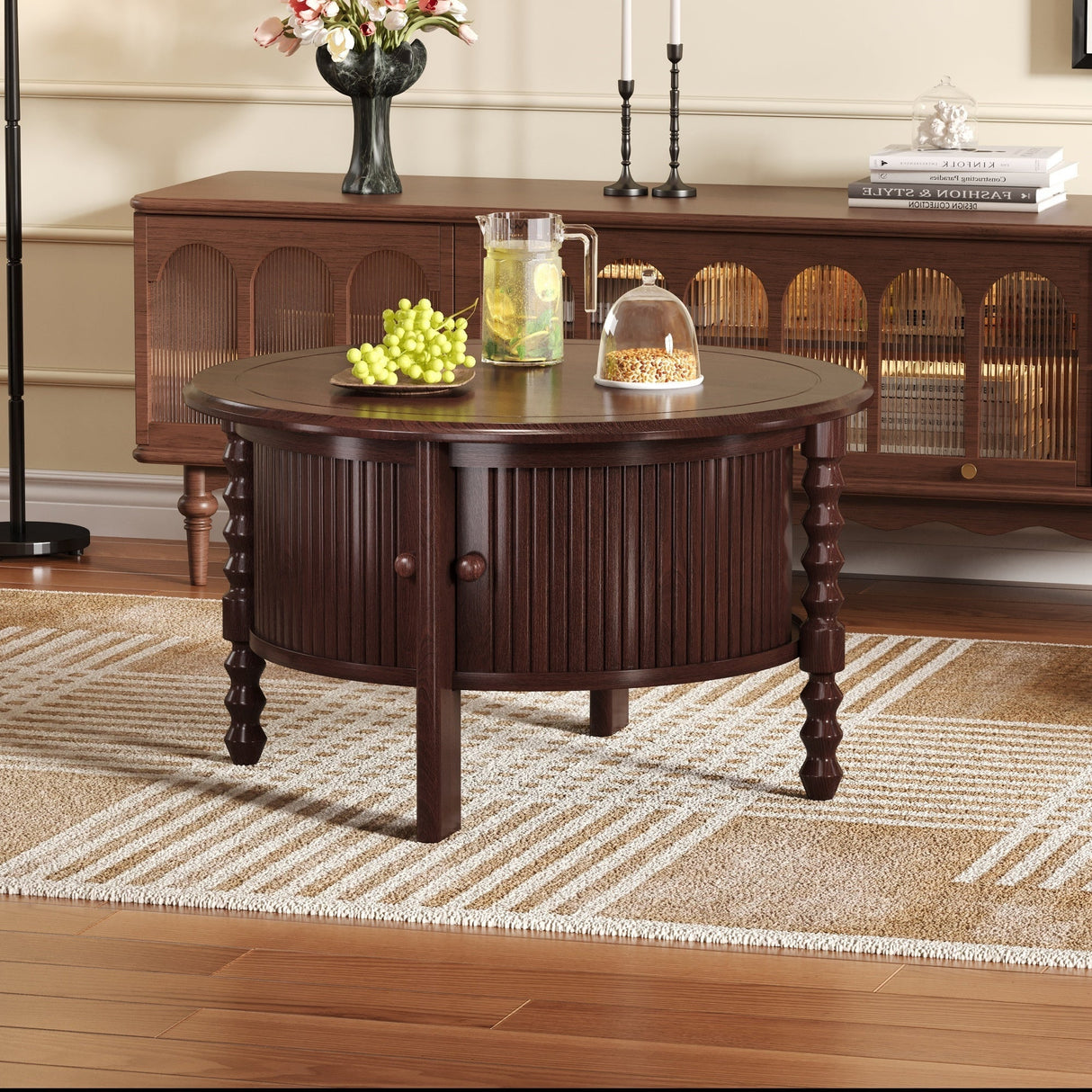 Vintage Round Coffee Table with Storage in Walnut