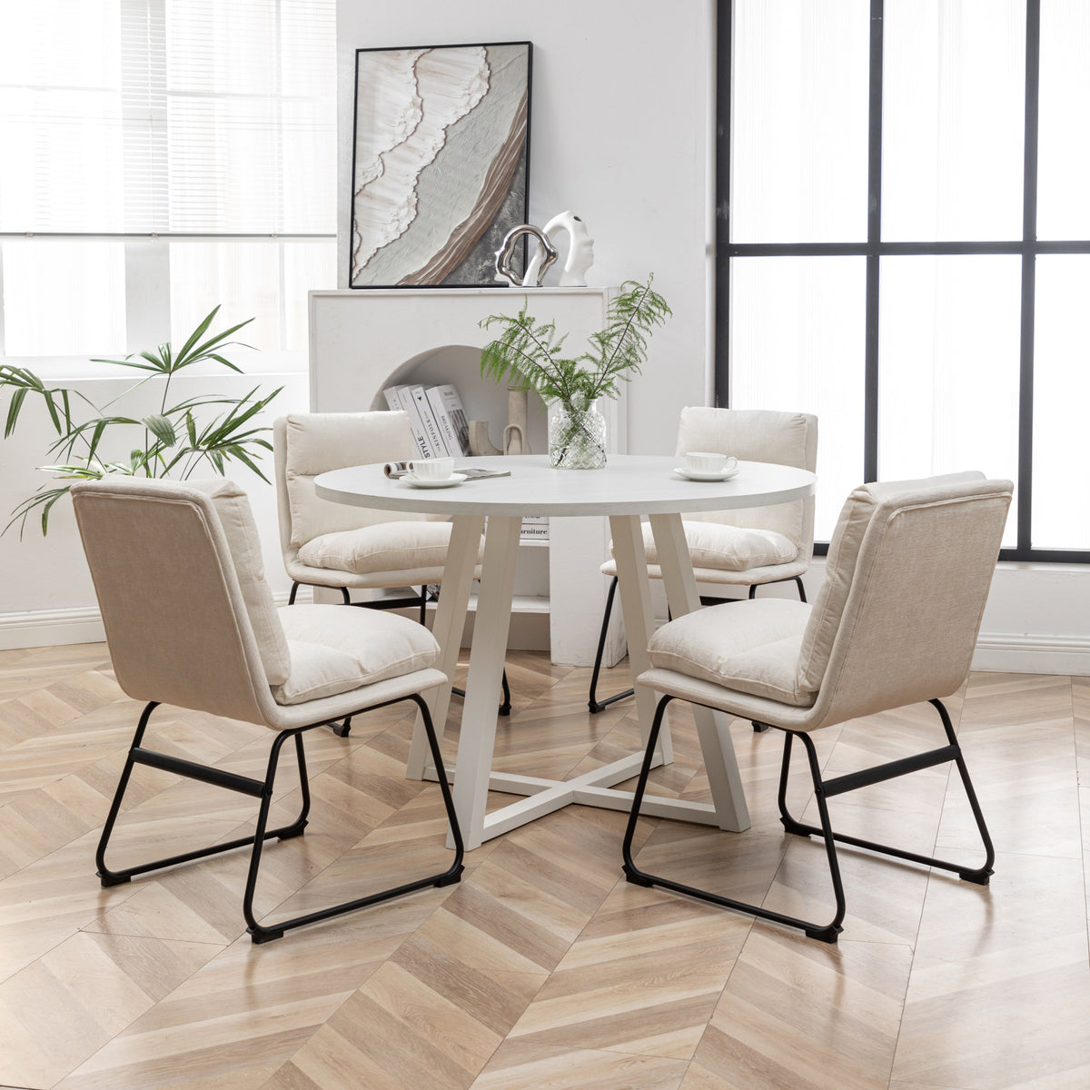 Innes 5-Piece Round Dining Set with Rubberwood Table and Faux Leather Chairs - Vanilla White