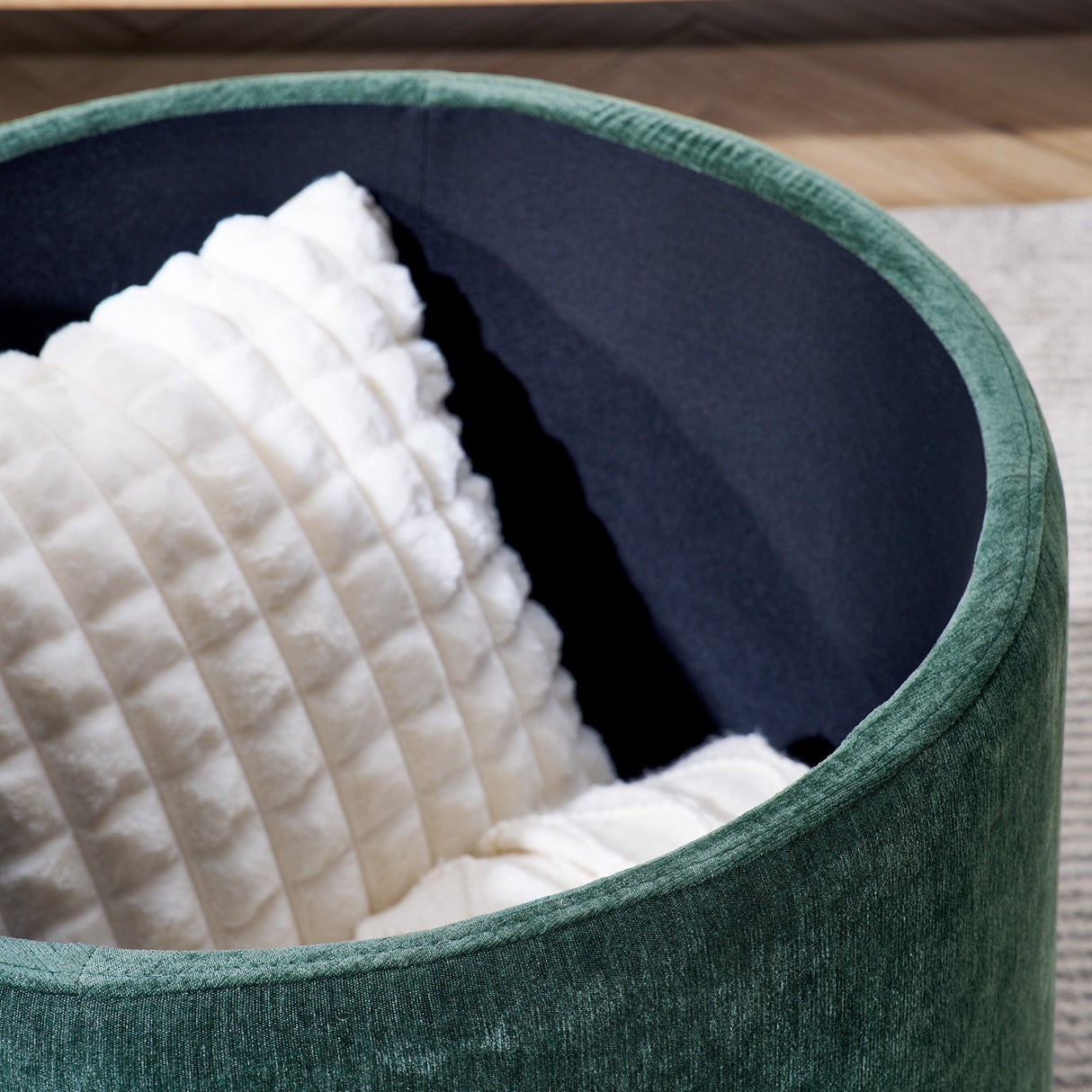 Classic Style 2-Piece Round Chenille Storage Ottoman Set with Drum Shaped Stool