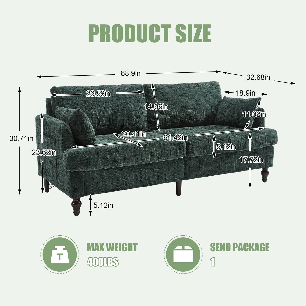 2 Seater Sofa With LED Light, USB Charging Port, And Storage Bag