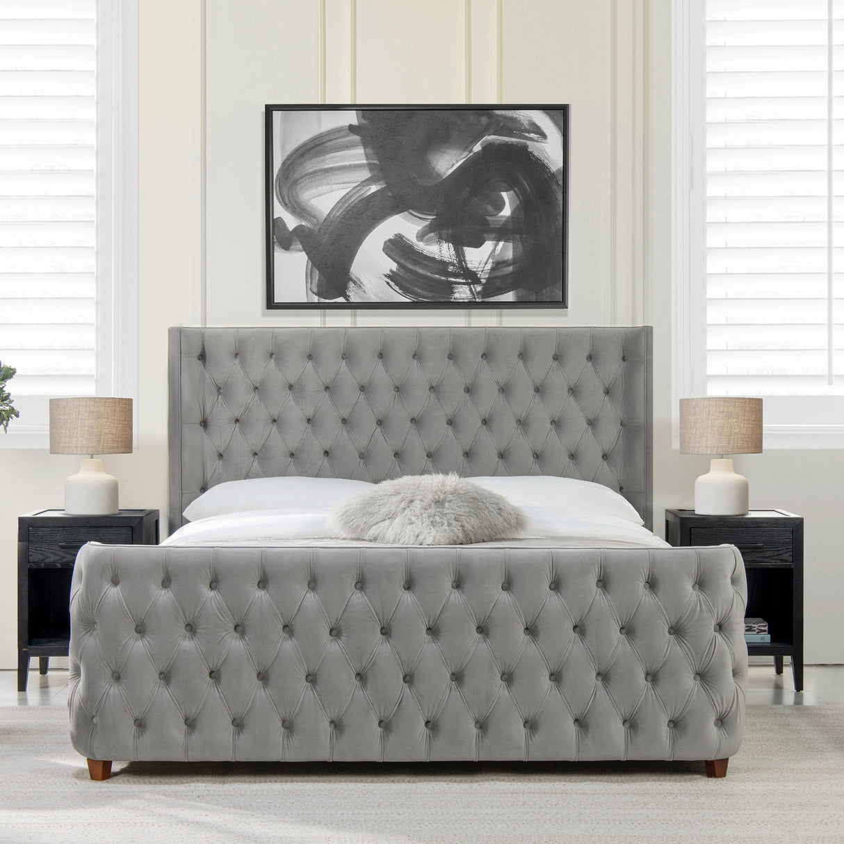 Brooklyn King Tufted Panel Bed Headboard and Footboard Set, Opal Grey Velvet
