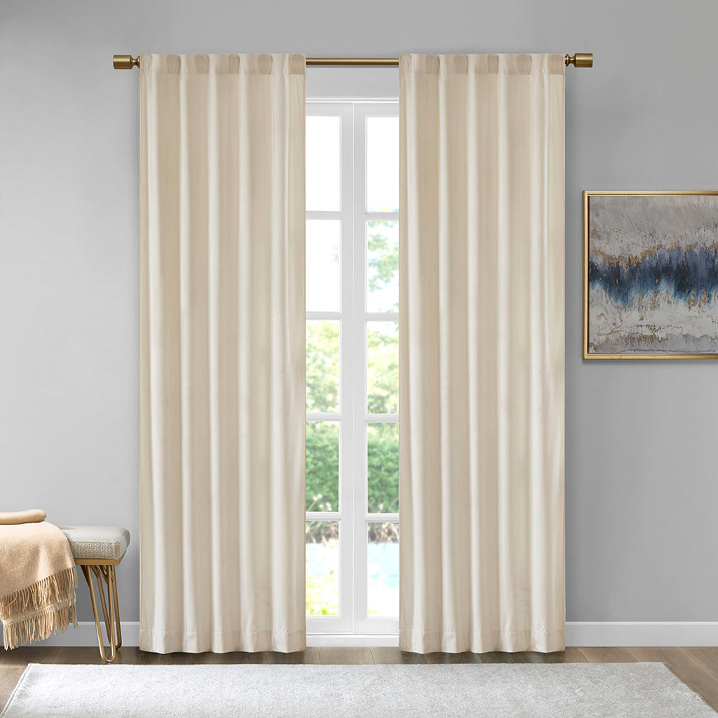 Room darkening metallic printed poly velvet rod pocket/back tab window panel pair ivory 37x95"