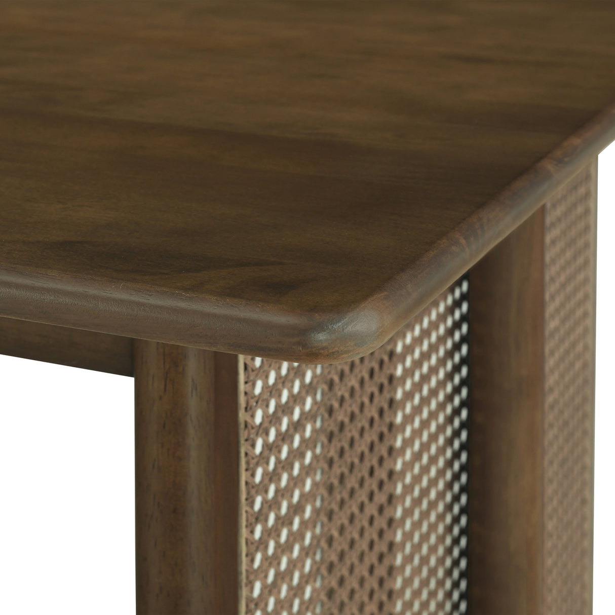 Walnut-Colored Rubber Wood Dining Table with Rattan Accents