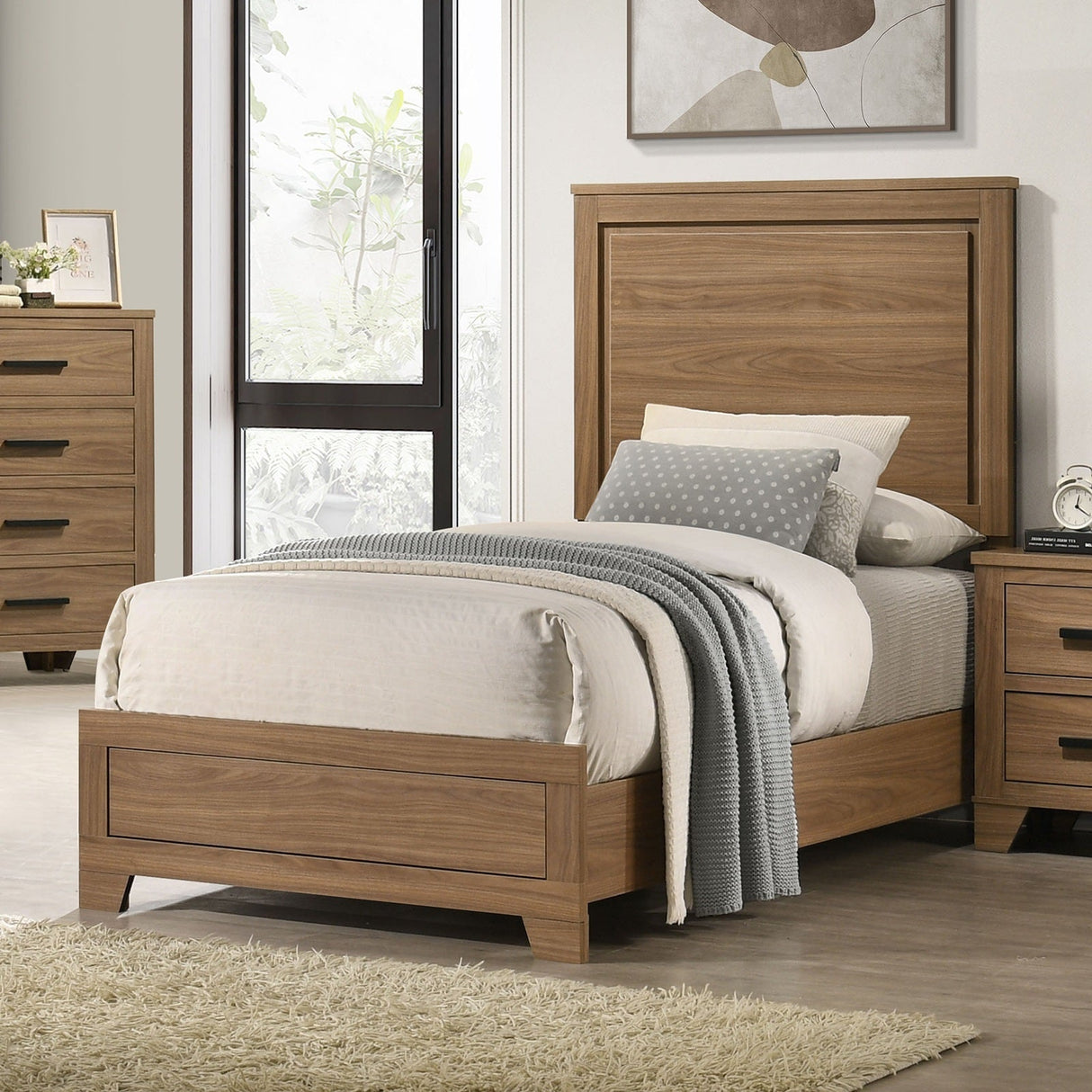 Walnut Chestnut 3pc Twin Size Bedroom Set with Nightstands