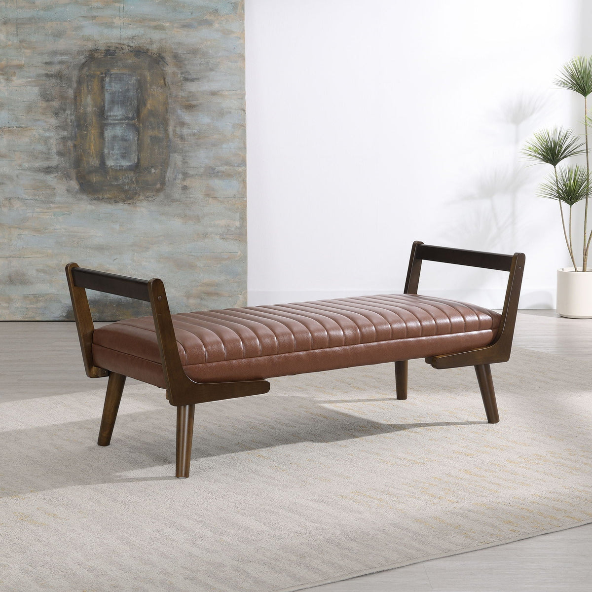 Mid-Century Bench with Wood Legs - Upholstered Seating - Beige or Dark Brown