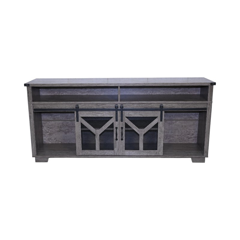 65.3" TV Stand with LED Light Strips and Iron Mesh Barn Door