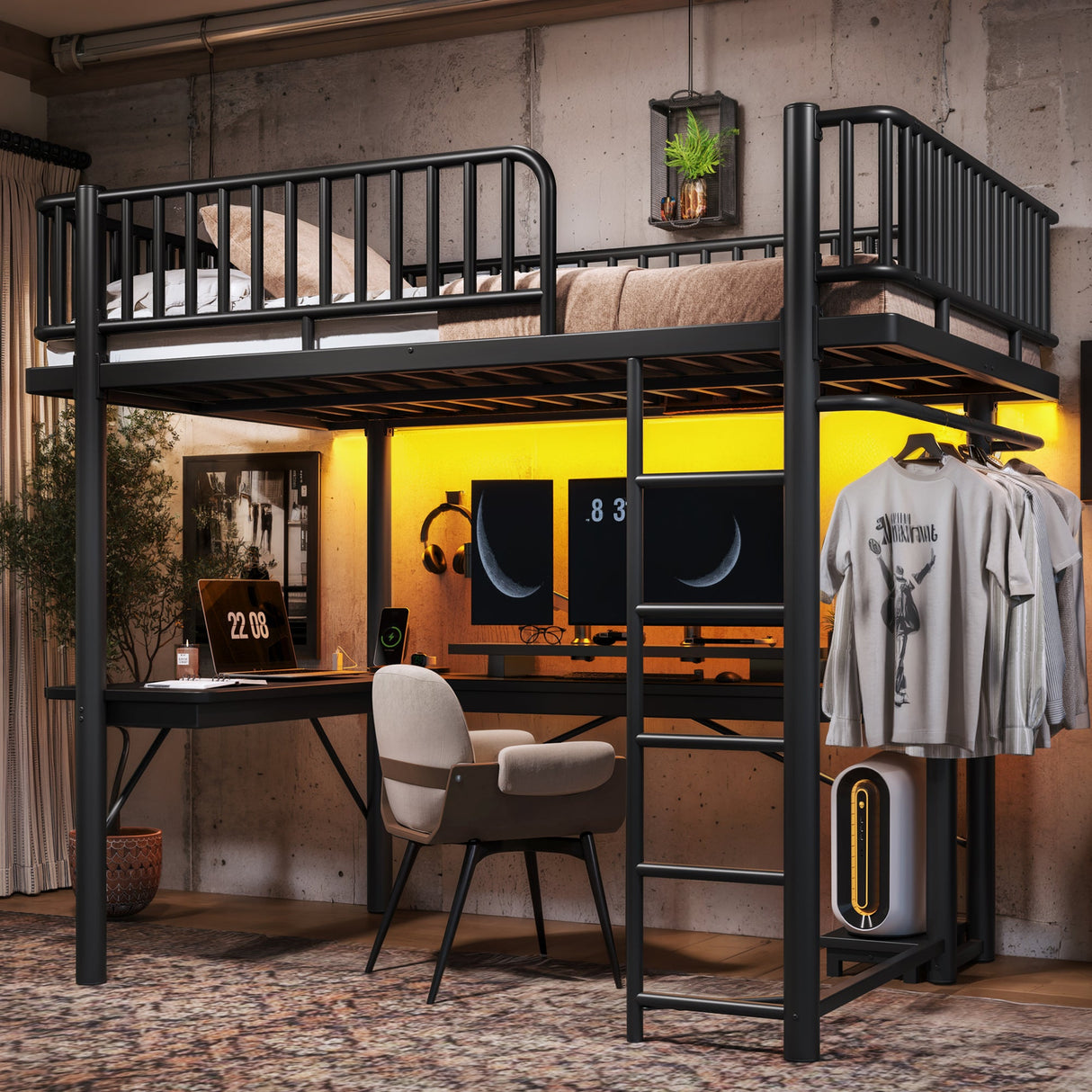 Full Loft Bed with L-Shaped Desk and LED Light Strip
