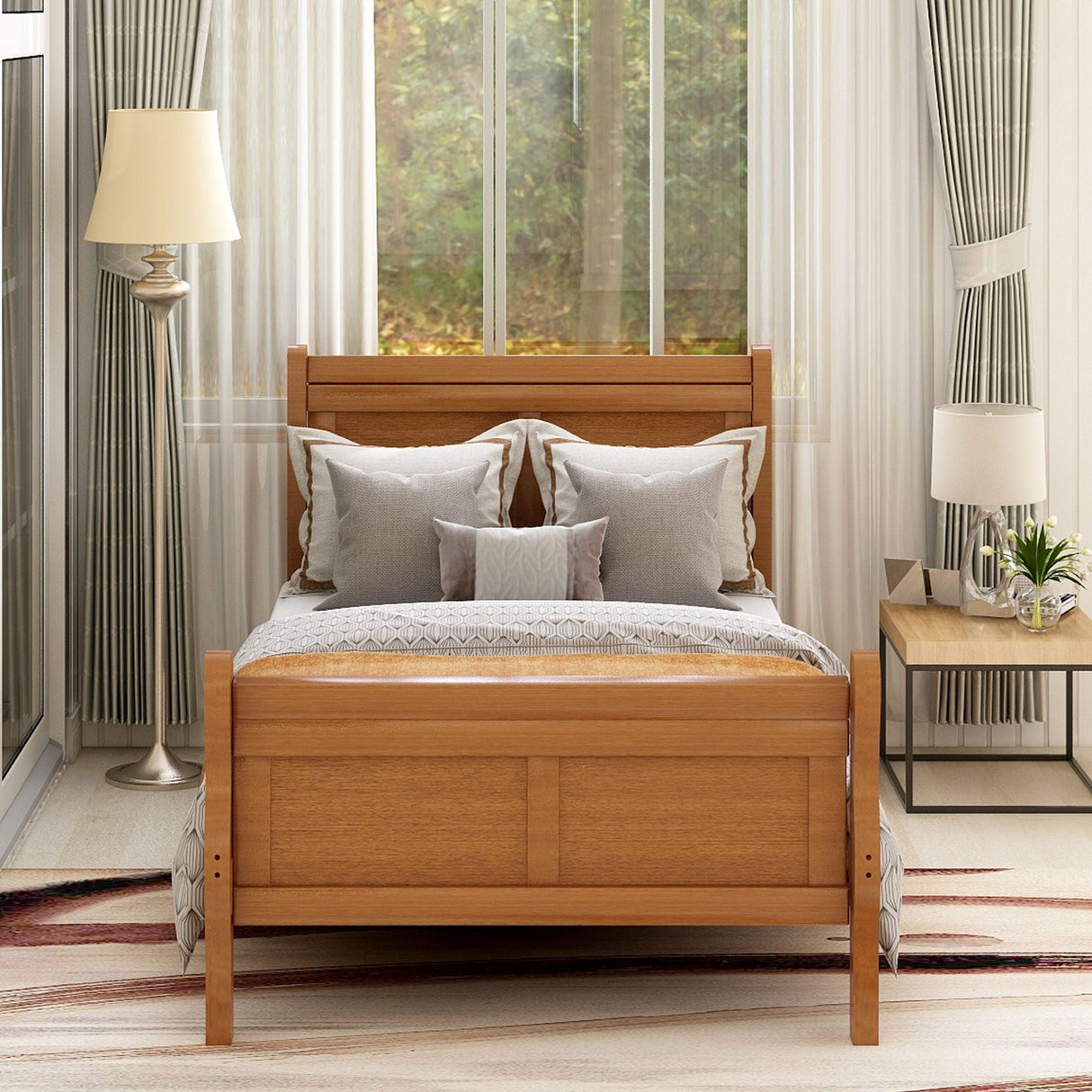 Platform Bed Frame Mattress Foundation Sleigh Bed With Headboard / Footboard / Wood Slat Suppor