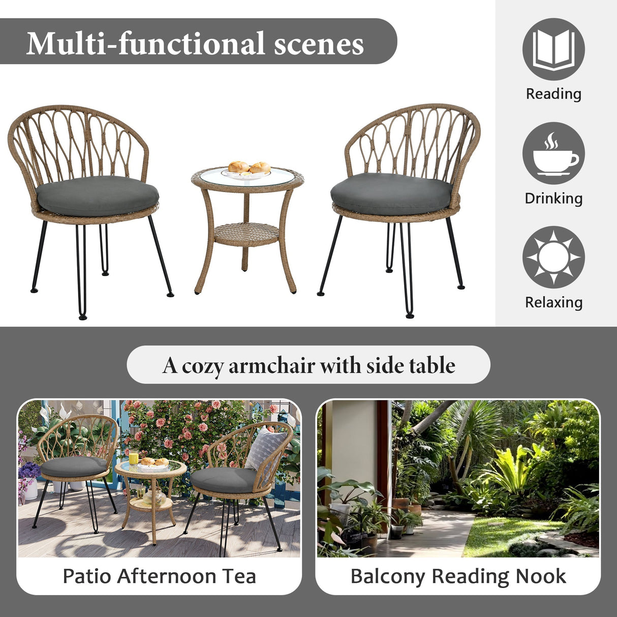 U_STYLE Outdoor Leisure Set with 2 Rattan Chairs & Glass Table