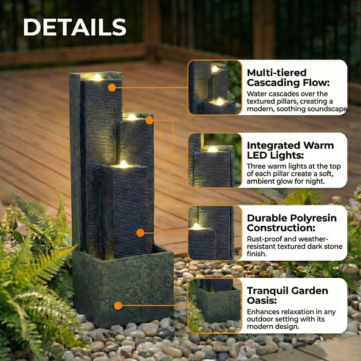 39'' H Outdoor Water Fountain Modern Cascading Freestanding Fountain with LED Lights