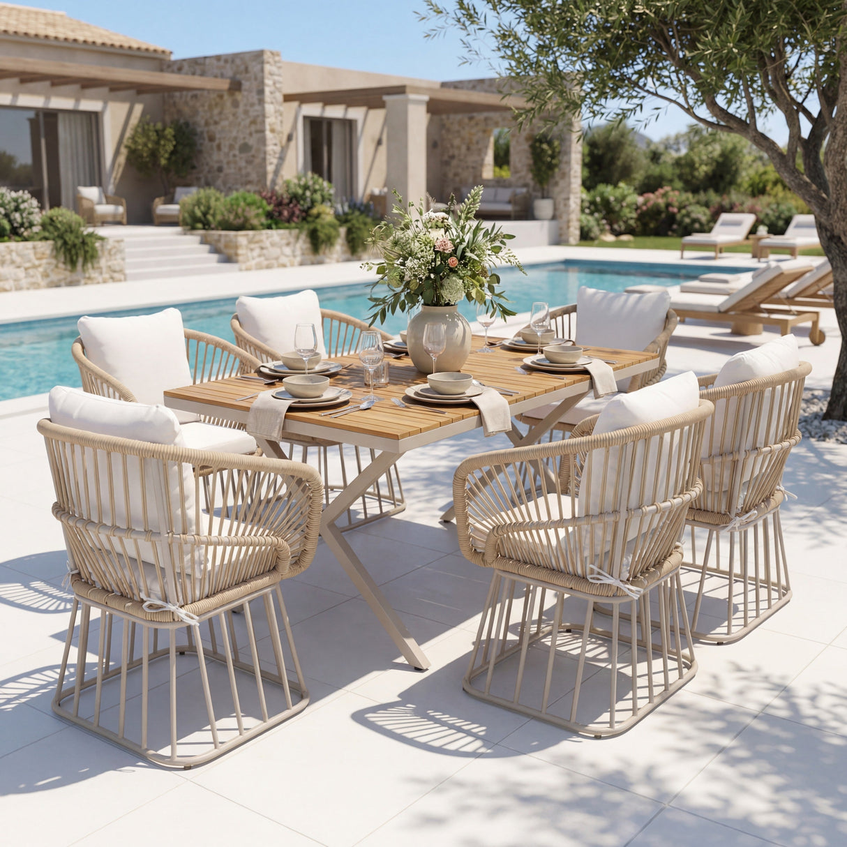 Outdoor 7-Piece Dining Set - Rectangular Teak Wood Table + 6 Wicker Chairs