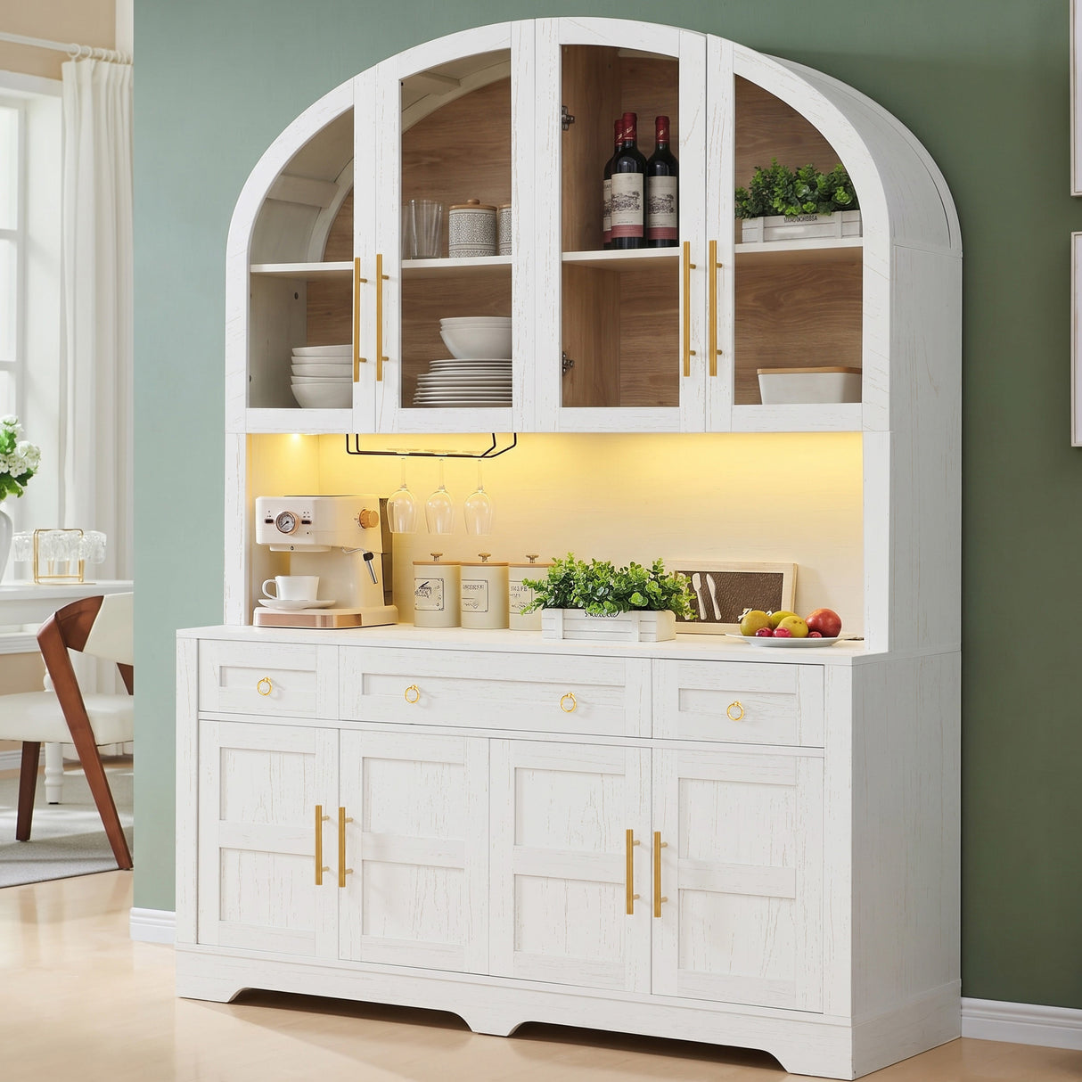 K&K 75.8" Tall Arched Kitchen Pantry Cabinet with LED & Charging Station