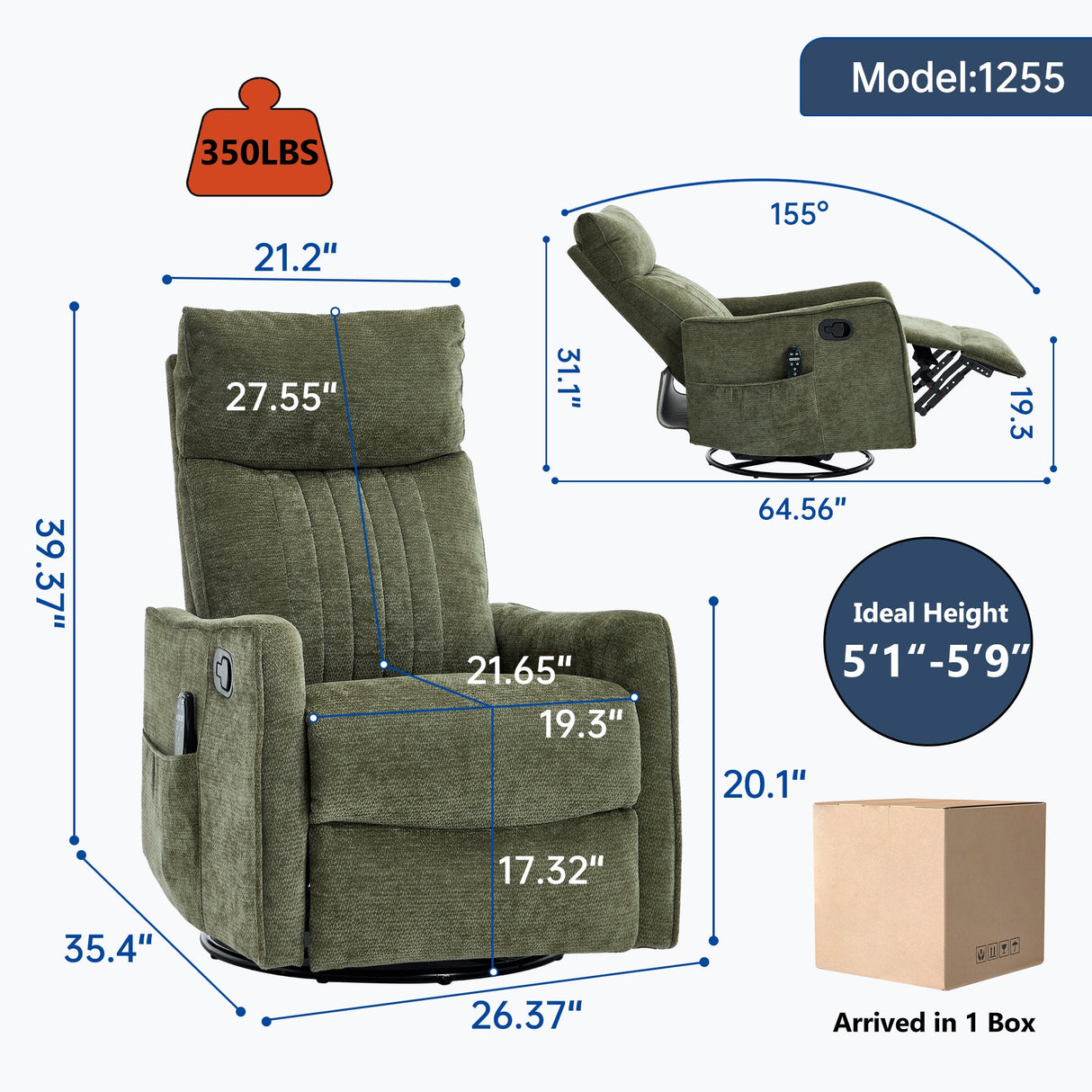 Green Heat Massage Manual Recliner Chair with Rocker and Swivel
