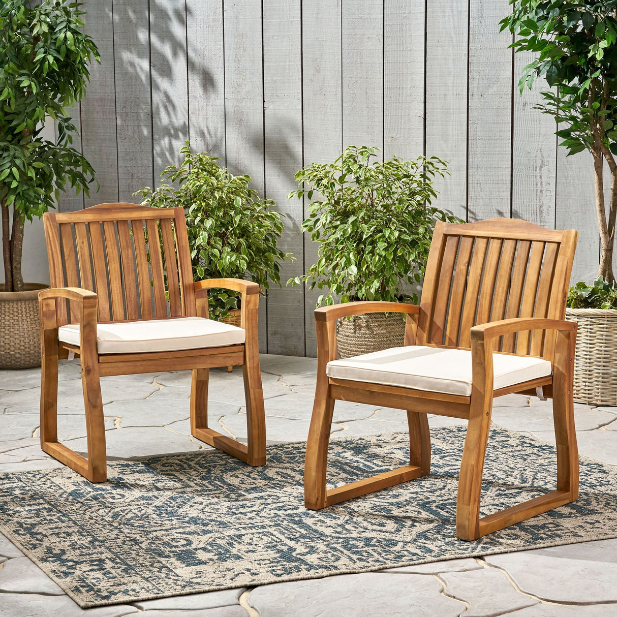 Della Wood Armchair Set of 2 Outdoor Dining Chairs - Cream