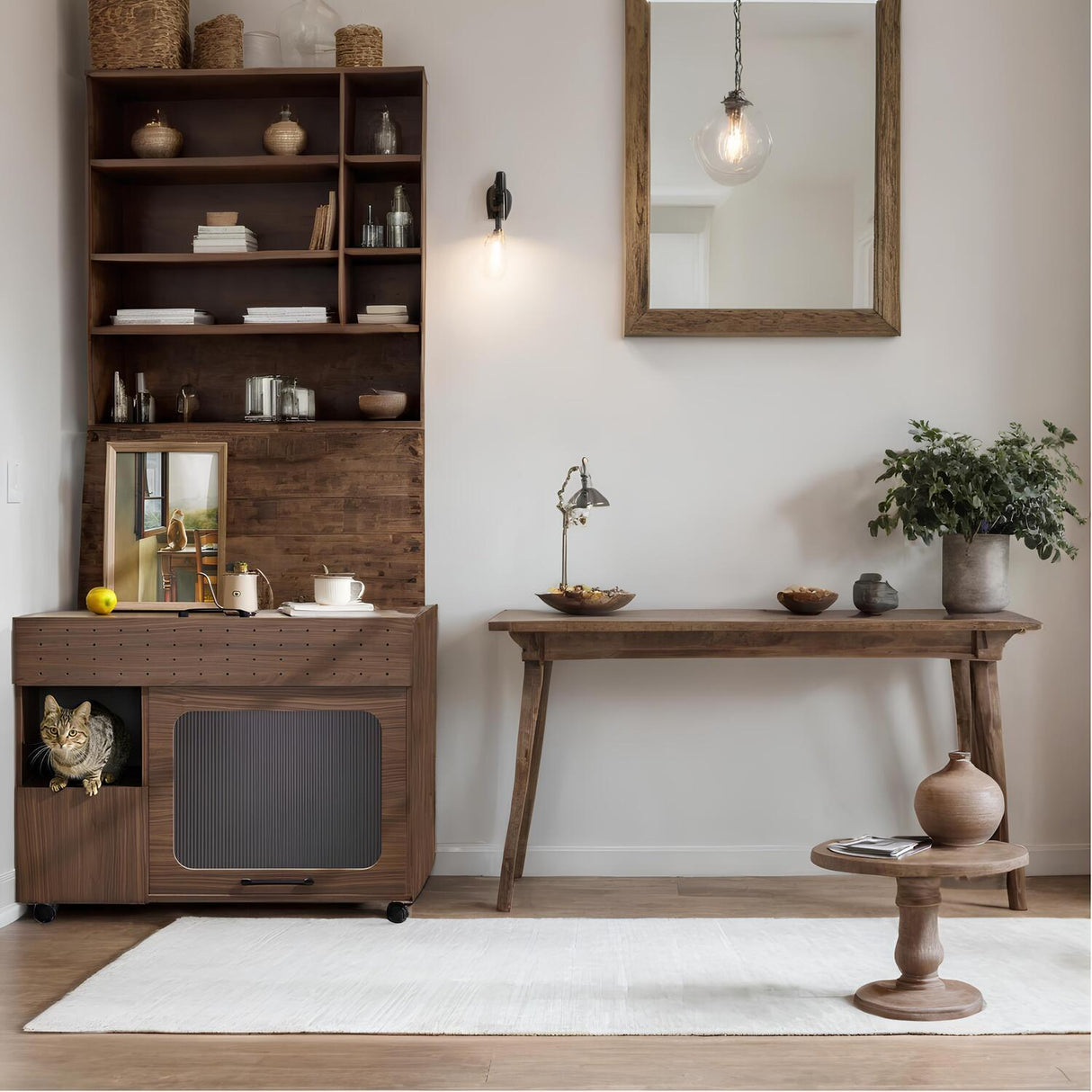 Furniture Style Multi-Use Cat Litter Box House with Storage