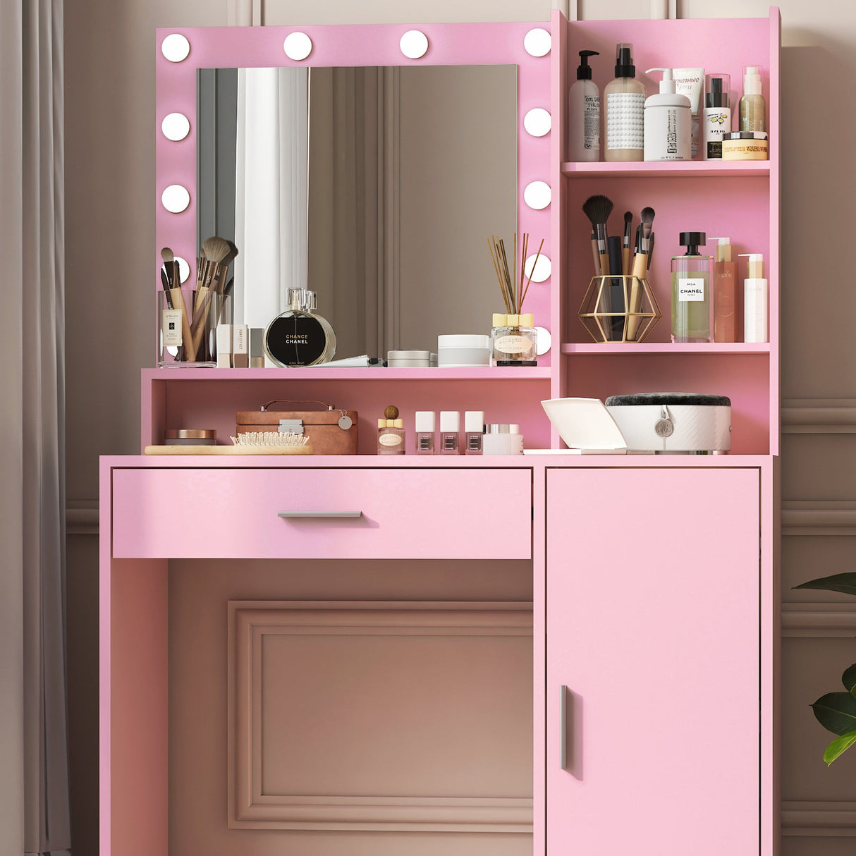 Pink Vanity Desk with Mirror & Light