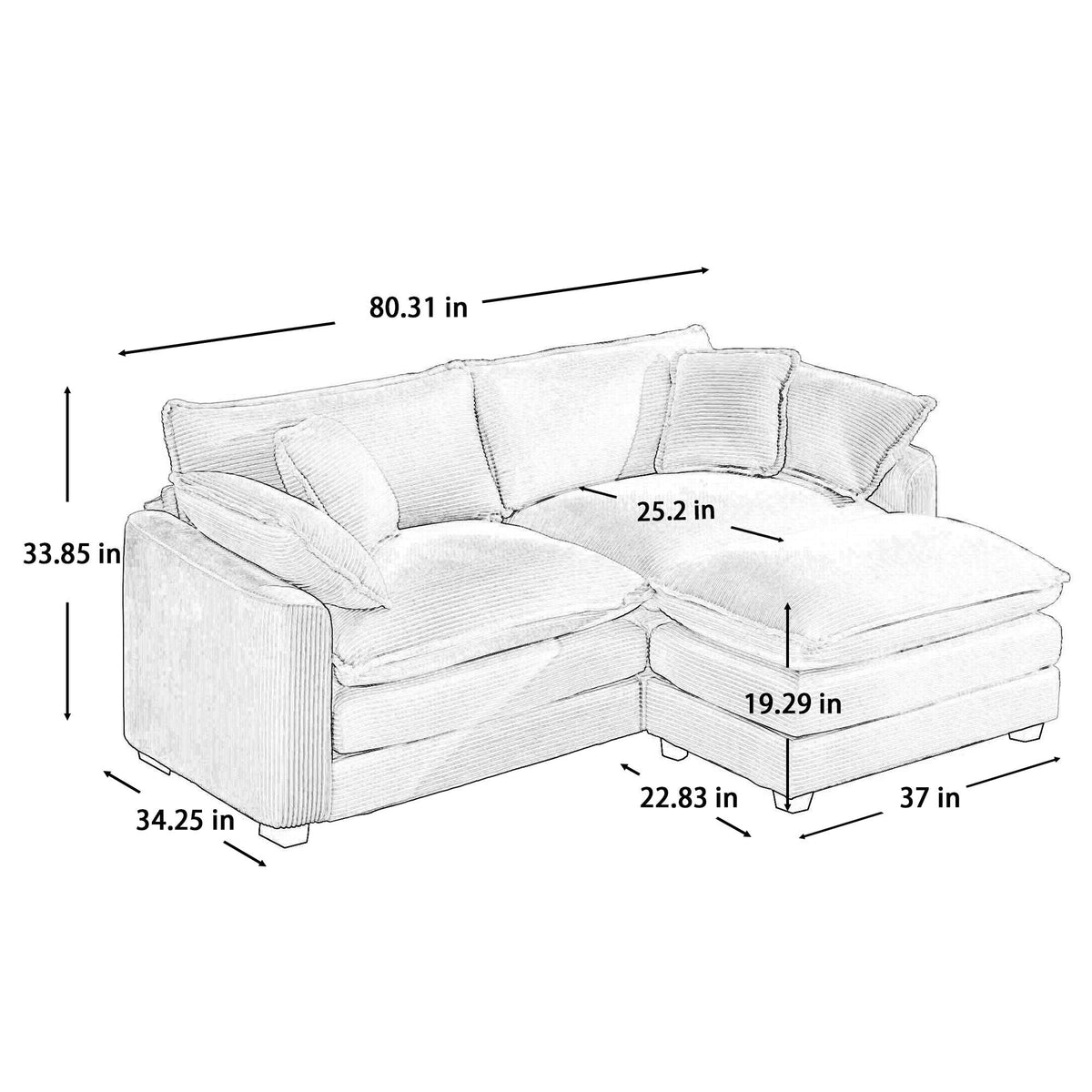 Modern Modular Cushion Sofa Set with Ottoman - Fabric, Multiple Colors