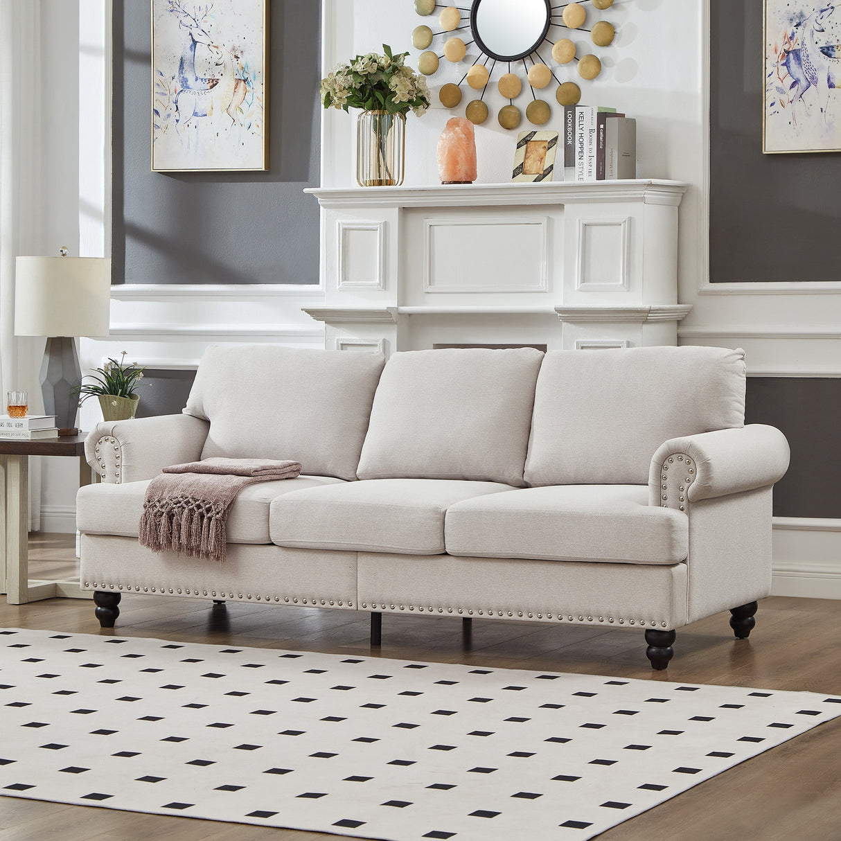 83" Modern Classic Design with Nails Living Room Three Seater Sofa