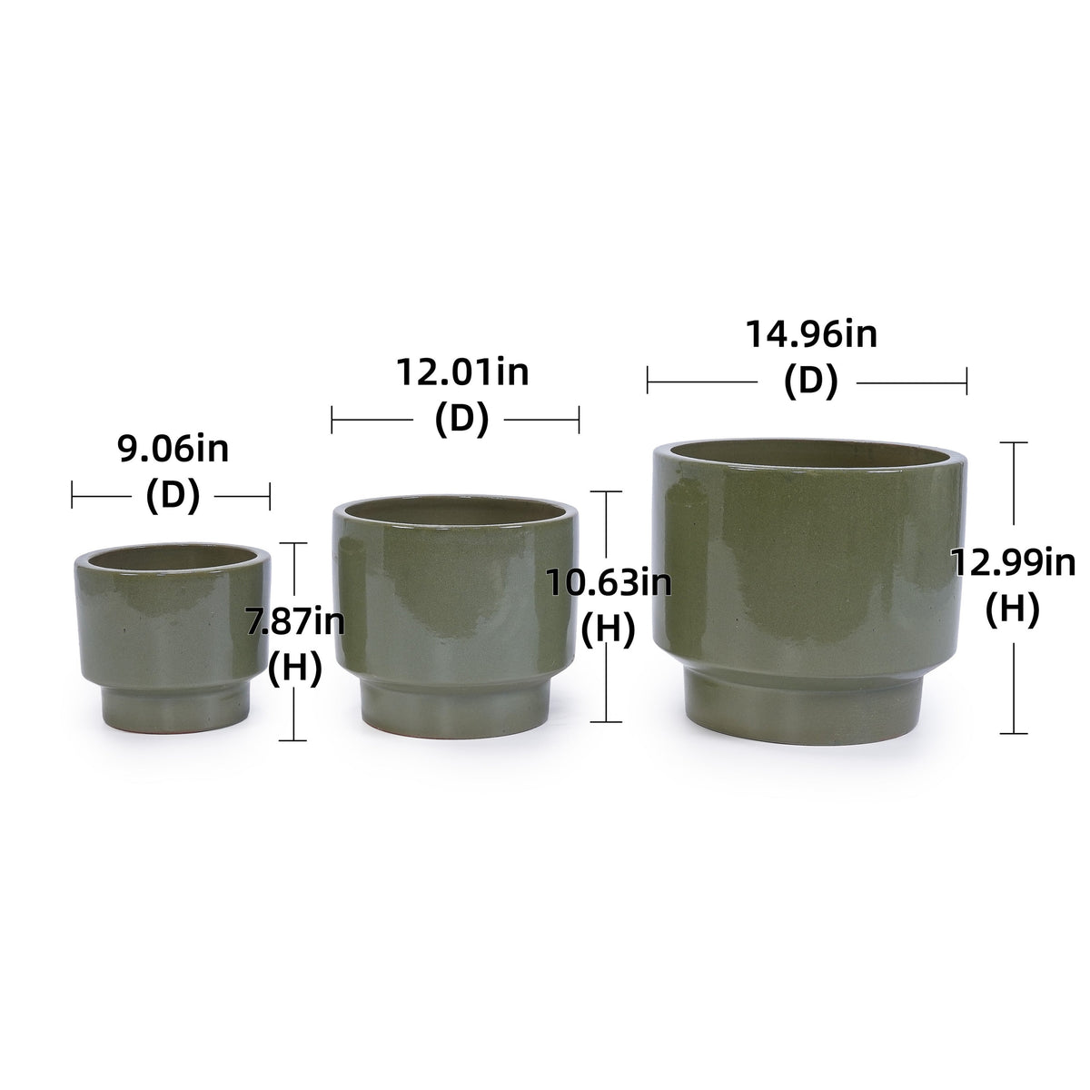 3 Pieces Ceramic Flowerpot Set - Antique Light Green