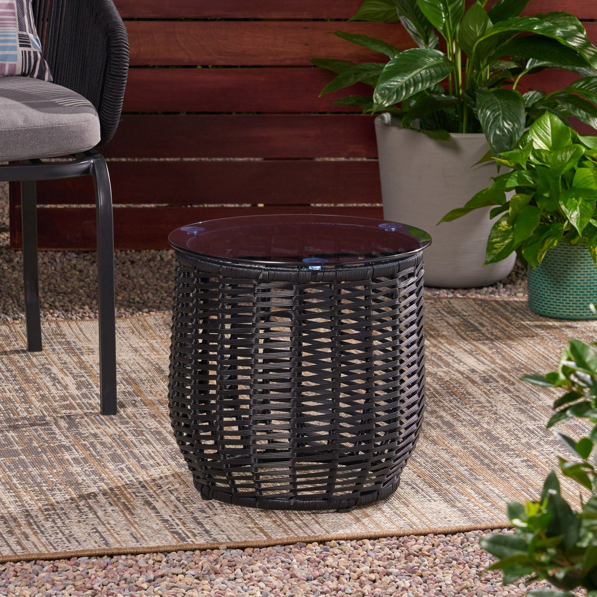 Boho ARIAS Side Table with Tempered Glass Top and Rattan Wrap, Black