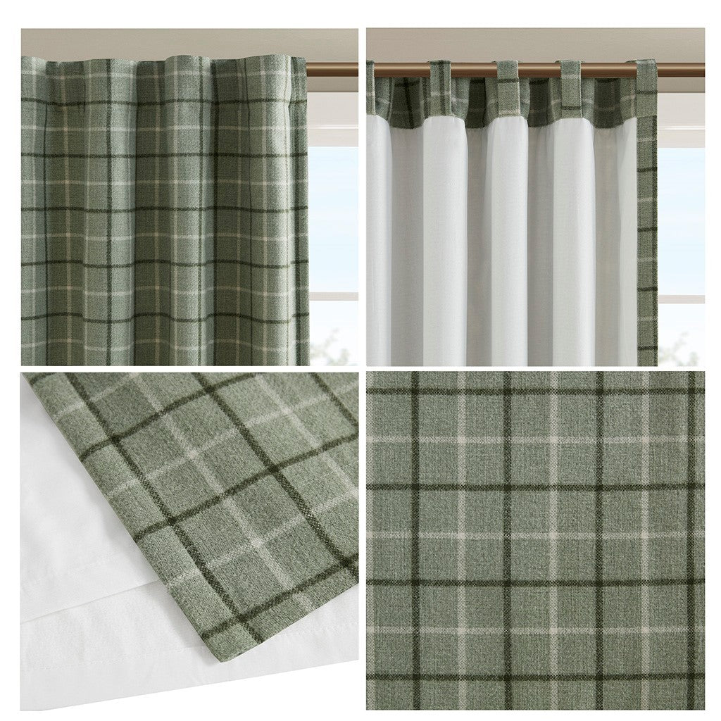 Plaid Rod Pocket and Back Tab Curtain Panel with Fleece Lining Green 50x84'