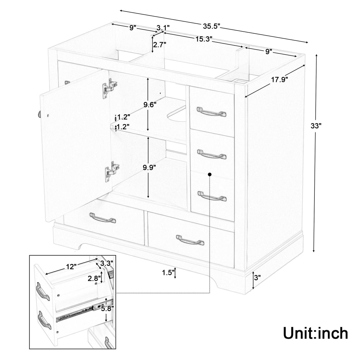 36" Bathroom Vanity Without Sink, Cabinet Base Only, 6 Drawers, Multi Functional Drawer Divider, Adjustable Shelf - Gray