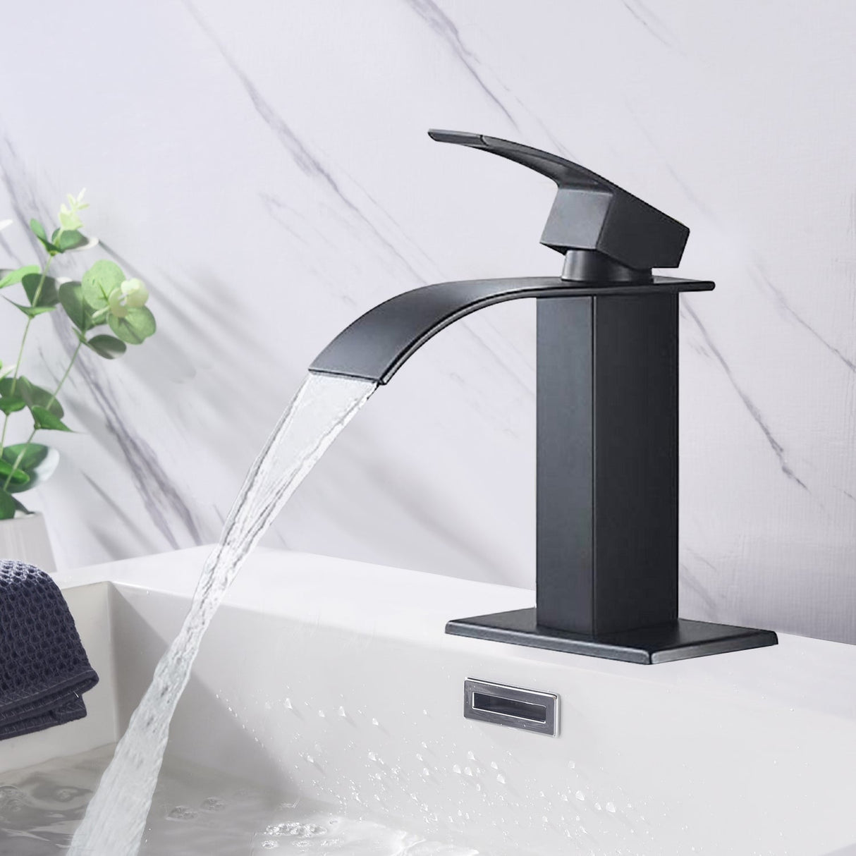 Waterfall Spout Bathroom Sink Single Handle Faucet with Pop-Up Drain