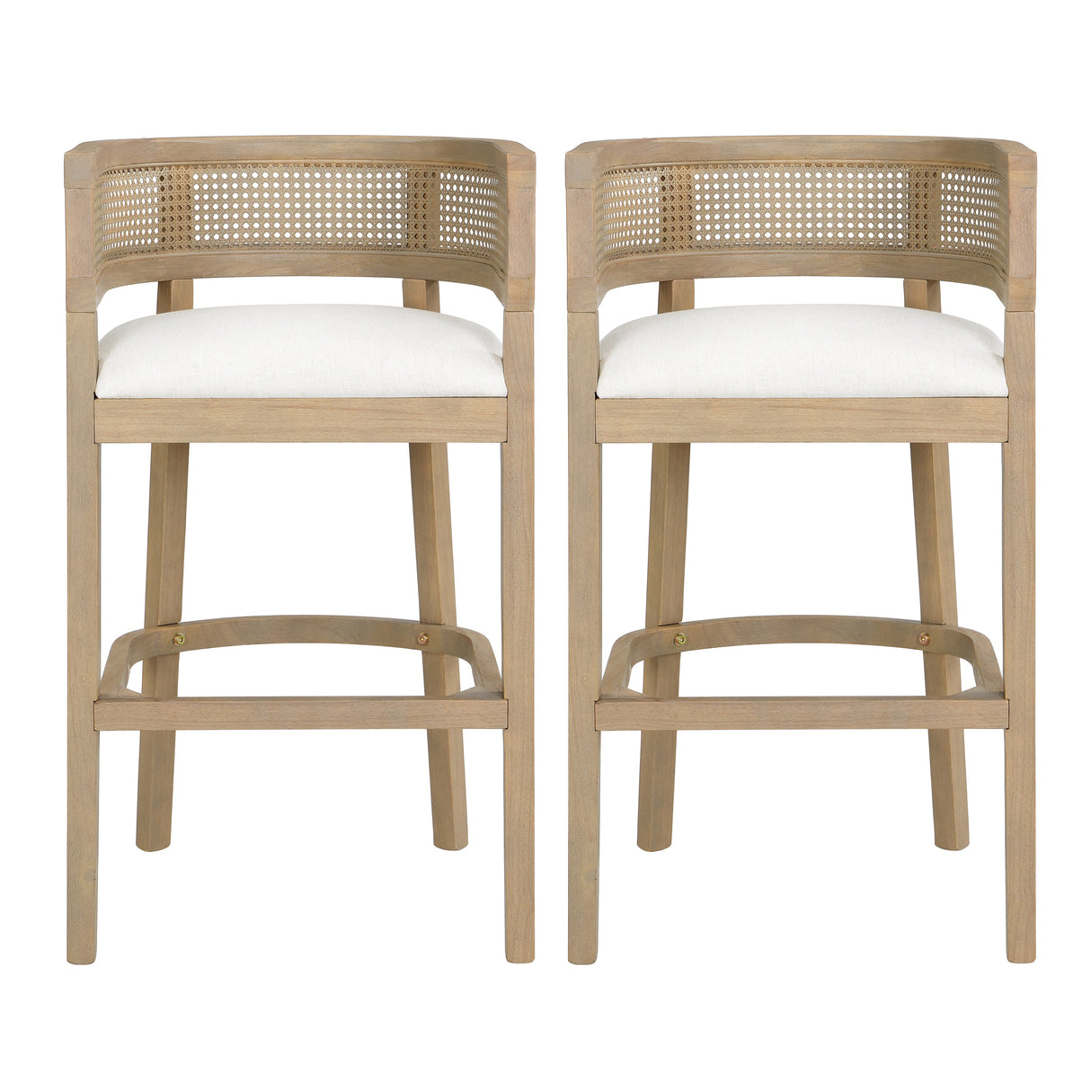 Wood And Rattan Upholstered Arm Bar Stools, Set of 2