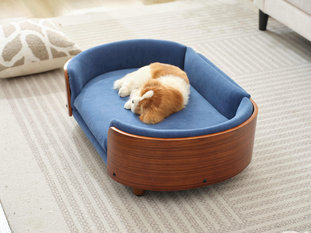 Scandinavian Style Elevated Dog Bed Pet Sofa Dark Blue Velvet Mid Size