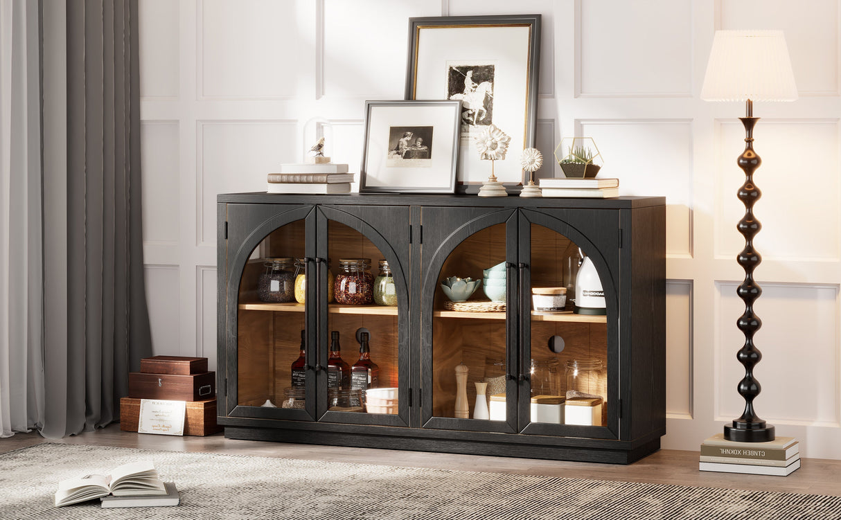 4-Door Large Storage Sideboard Buffet Cabinet with Glass Doors (Black)