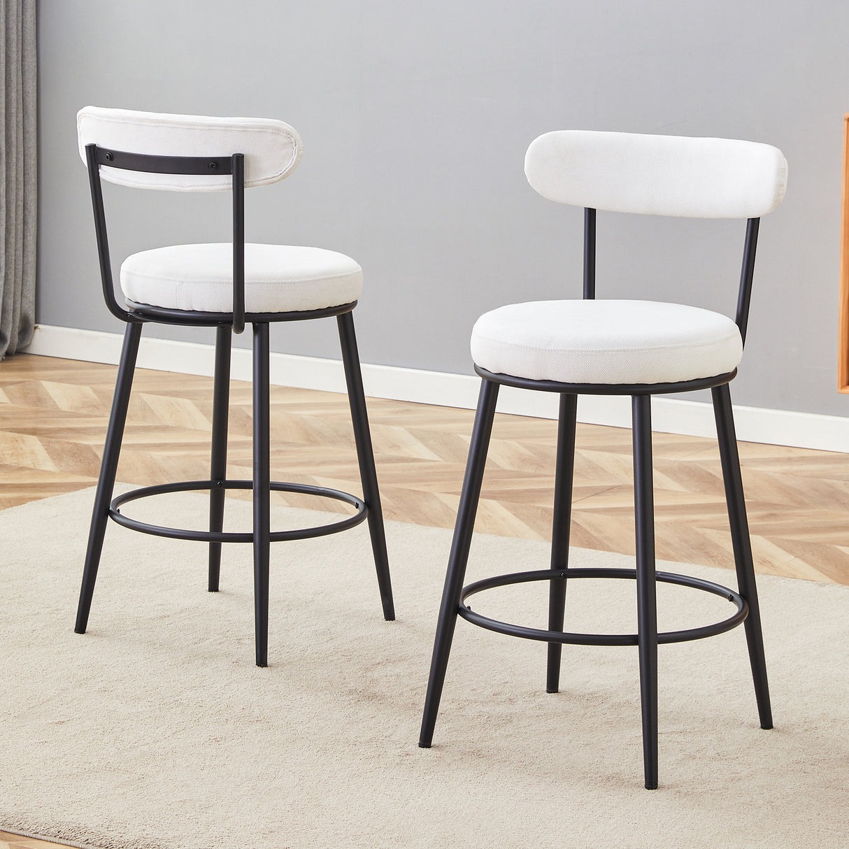 Fashionable Ergonomic High Legged Bar Chairs with White Fabric Cushions - Set of 2