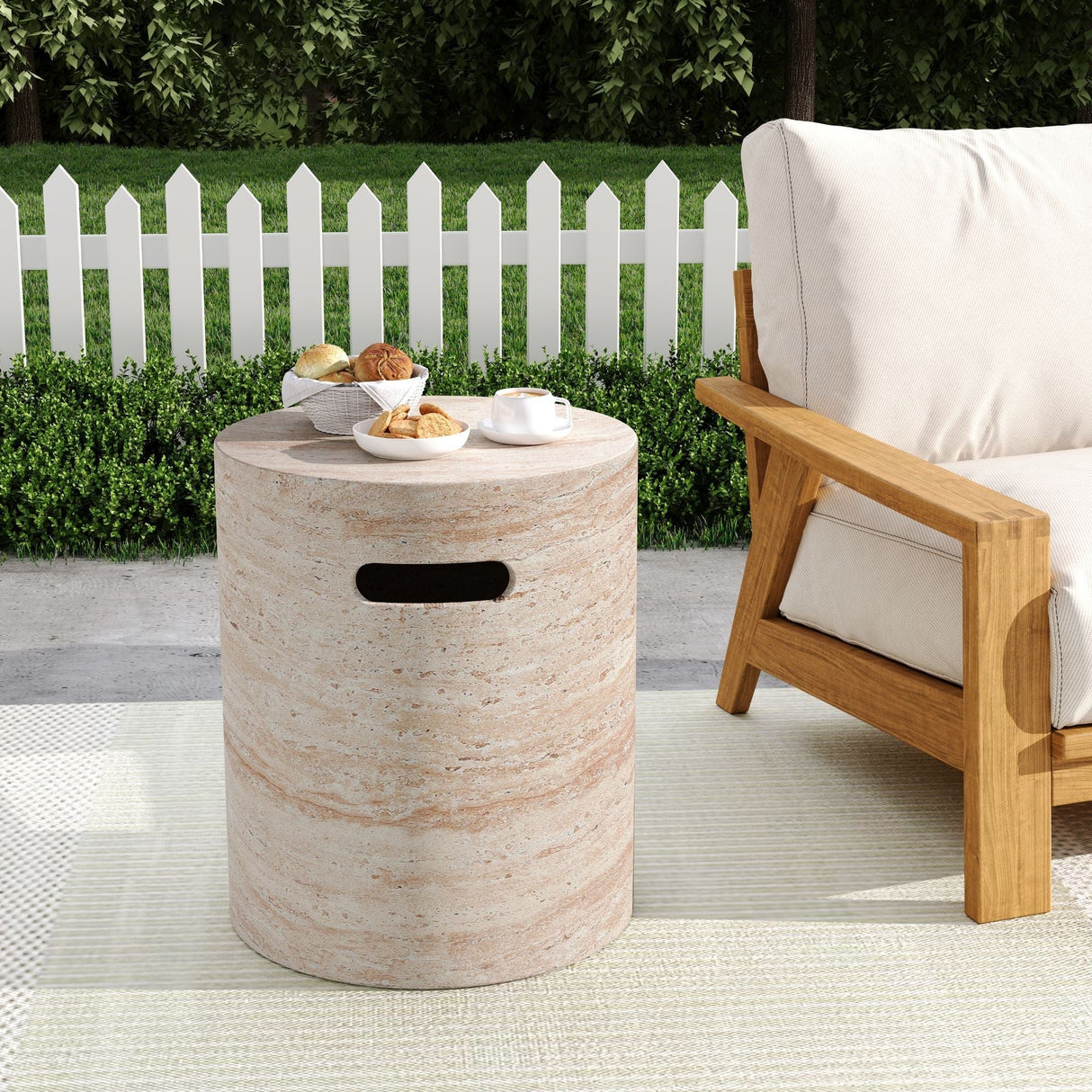 Modern Concrete Side Table with Travertine Finish - Beige