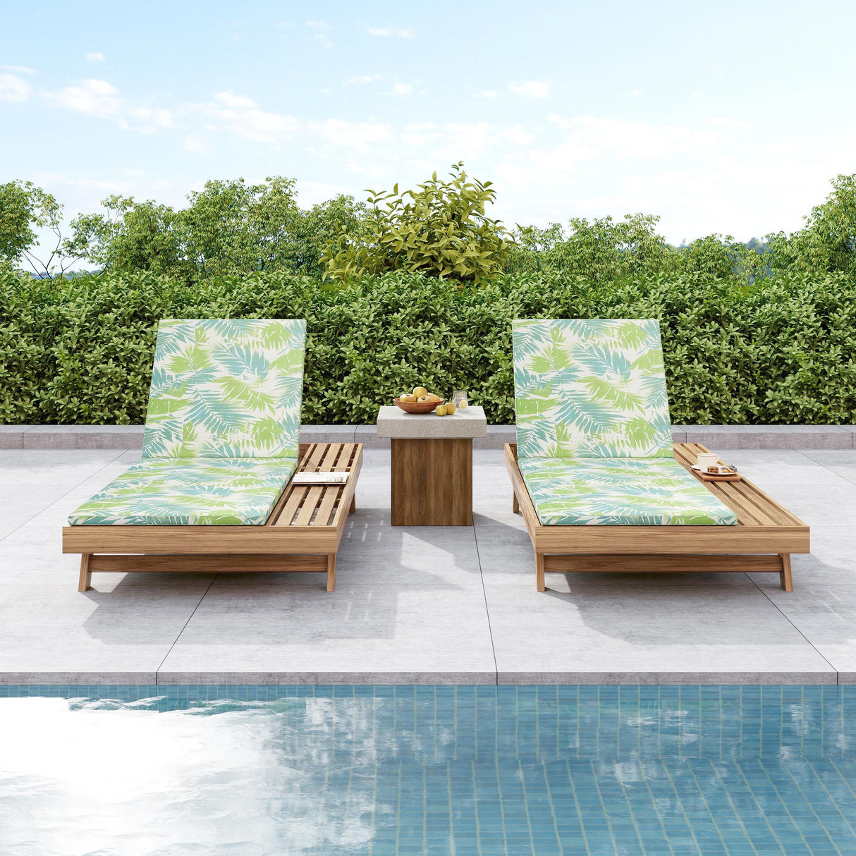 Lounge Chaise Set, Space Available On One Side, Acacia Wood In light brown With Water-Resistant Lounge Cushions (Leaf Coconut & 2 Inch Thick) – Matching Cream/Dark Grey Version Available