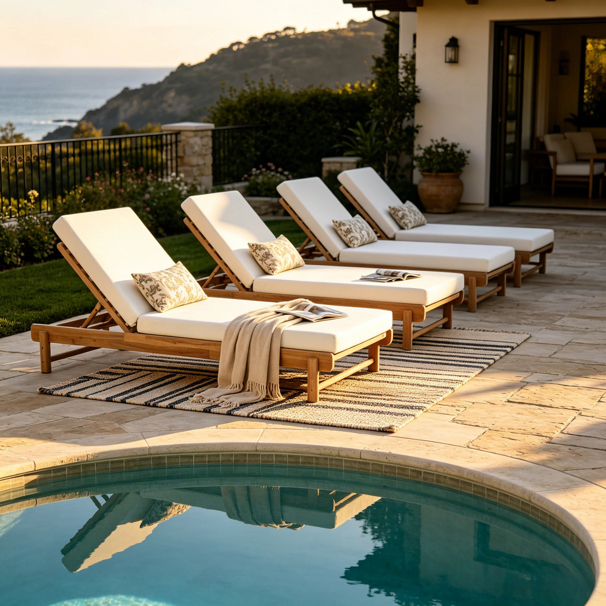 Light Teak Acacia Wood Chaise Lounge Set: 1 Frame + 1 Cushion